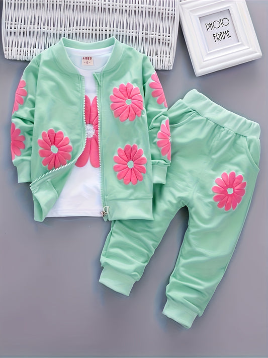 Girls Sunflower Print Three Piece Spring Autumn Outdoor Set
