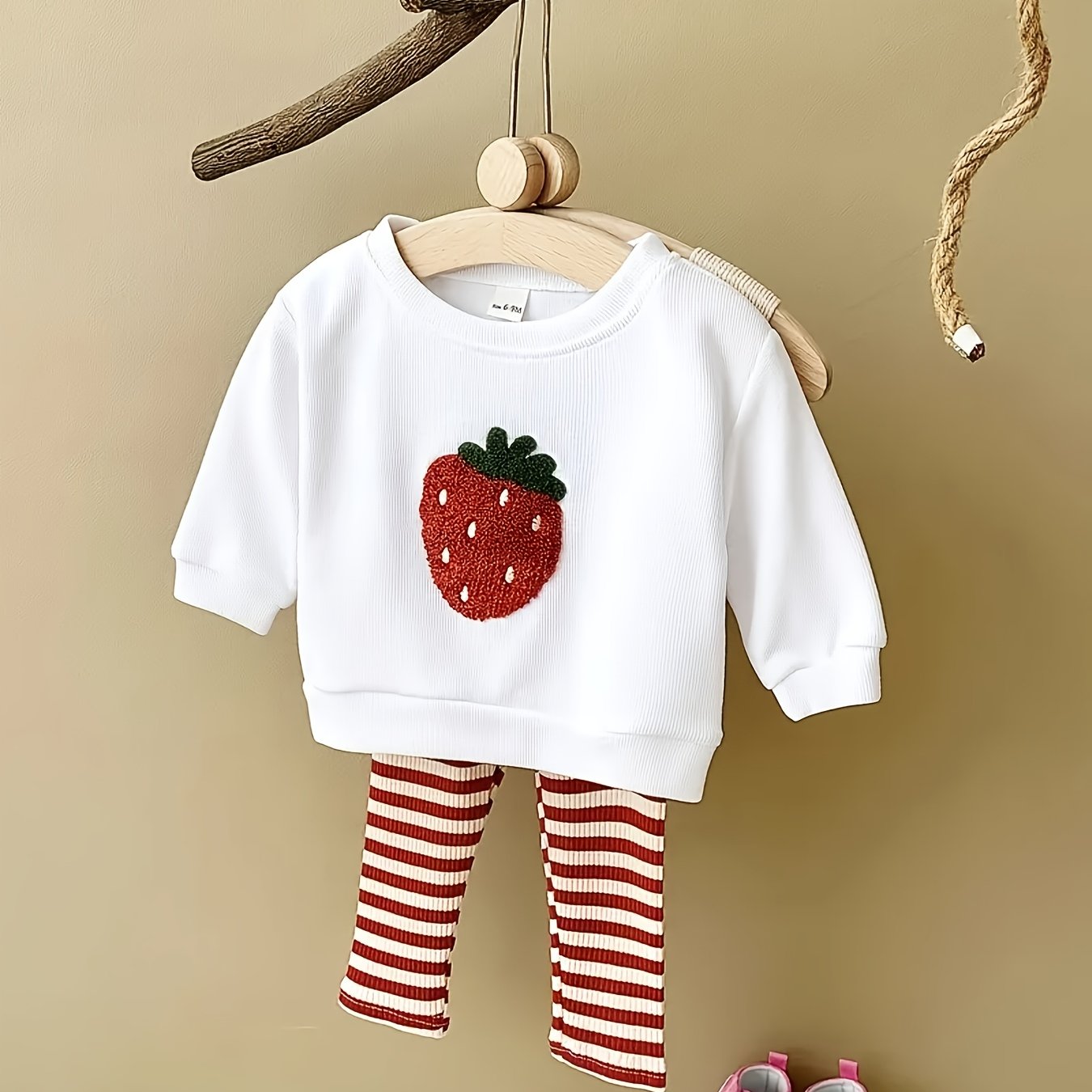 2pcs Set For Girls Featuring A Sweet And Cute Strawberry Pattern - Long Sleeve Round Neck Pullover And Striped Long Pants, Trendy Children'S Outfit For Girls, Autumn Kids' Clothing, Baby Girl Outfits, Toddler Girls' Clothing,