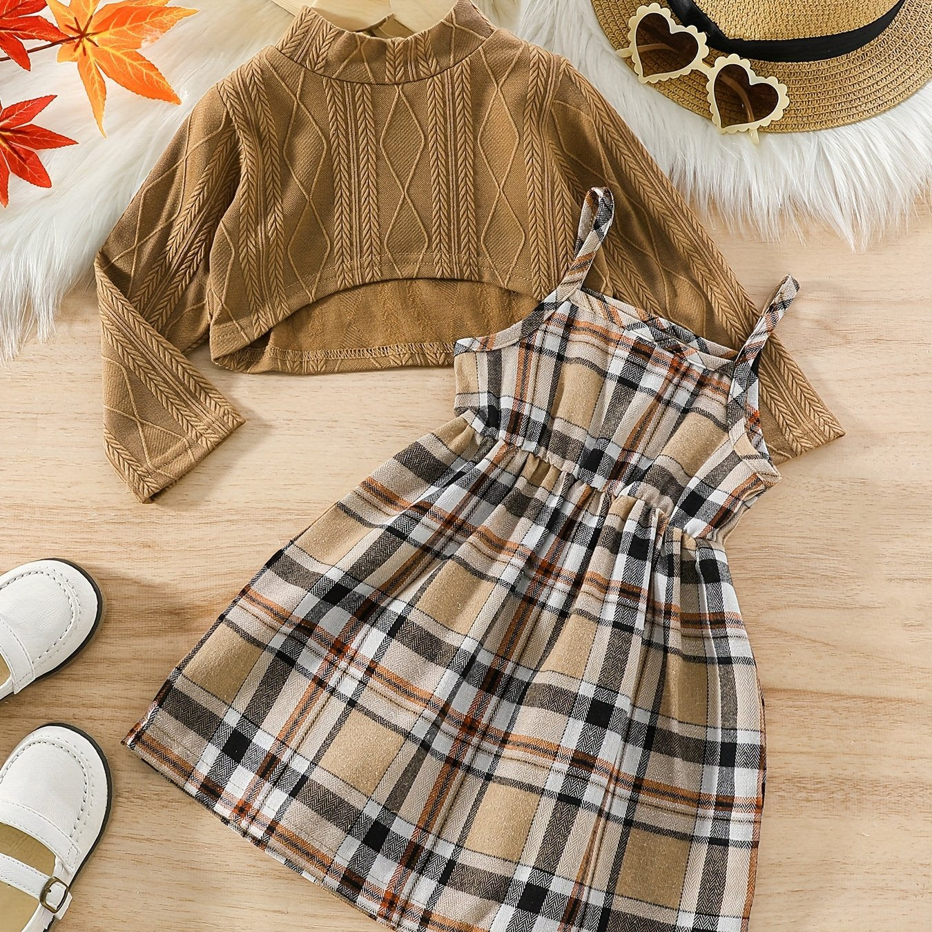Girls Plaid Knit Skirt Set Asymmetric Long Sleeve Top