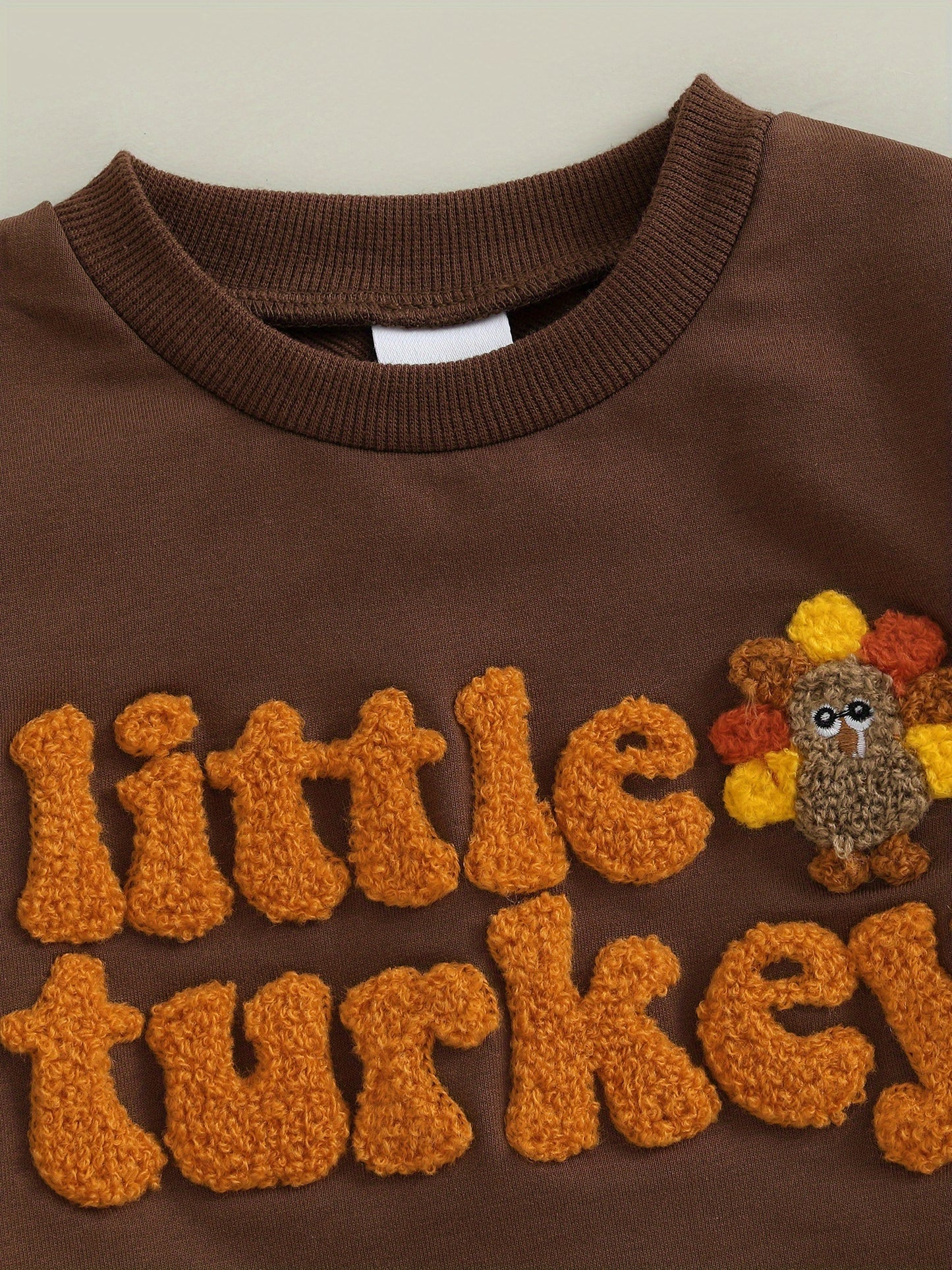 2pcs Toddler Boy Thanksgiving Outfit Set - "Little Turkey" Embroidered Long Sleeve Pullover & Elastic Waist Pants, Casual Crew Neck, Regular Fit, Spring/Fall Collection, Perfect for Thanksgiving, Thanksgiving Outfit | Playful