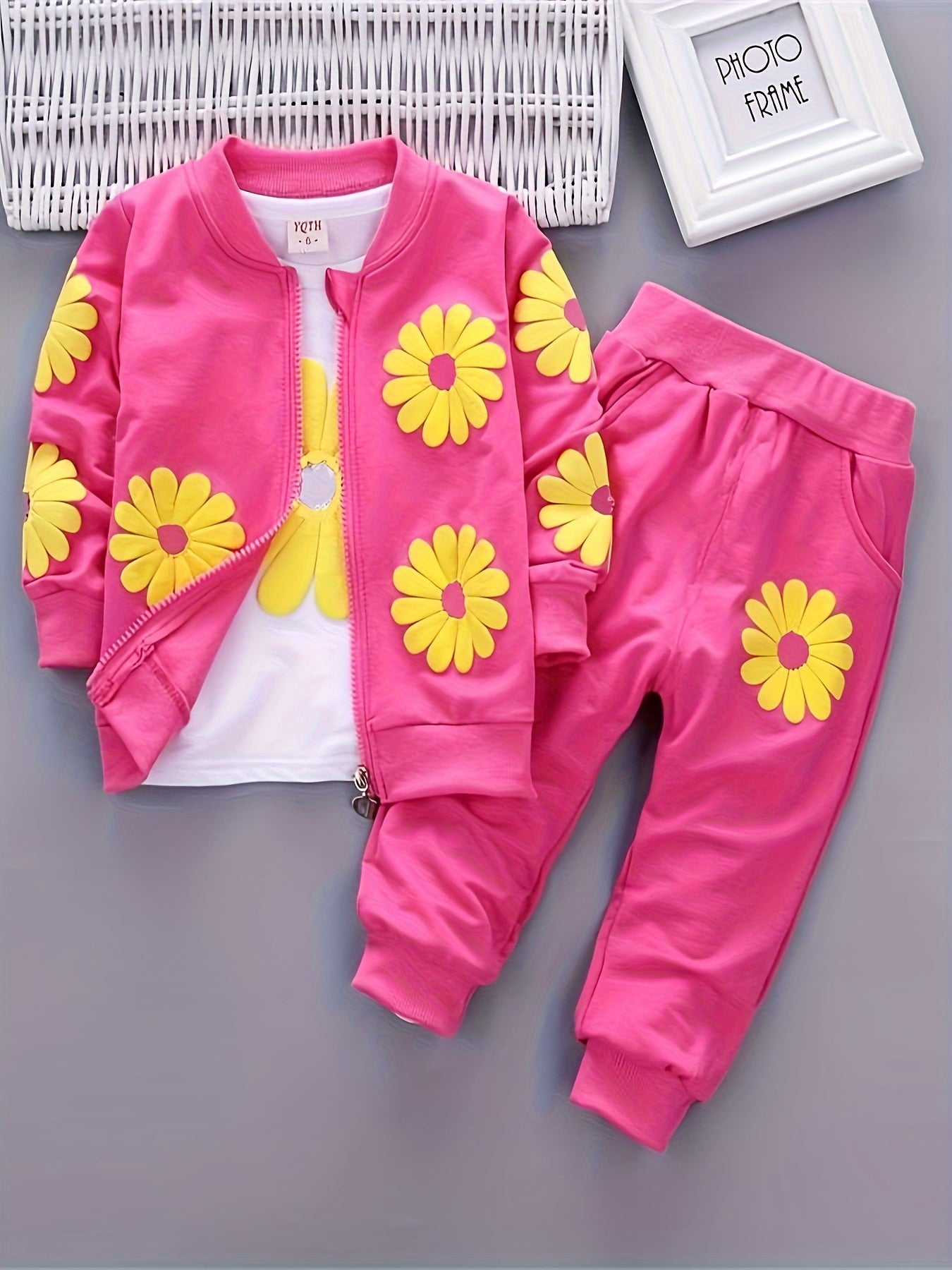 Girls Sunflower Print Three Piece Spring Autumn Outdoor Set