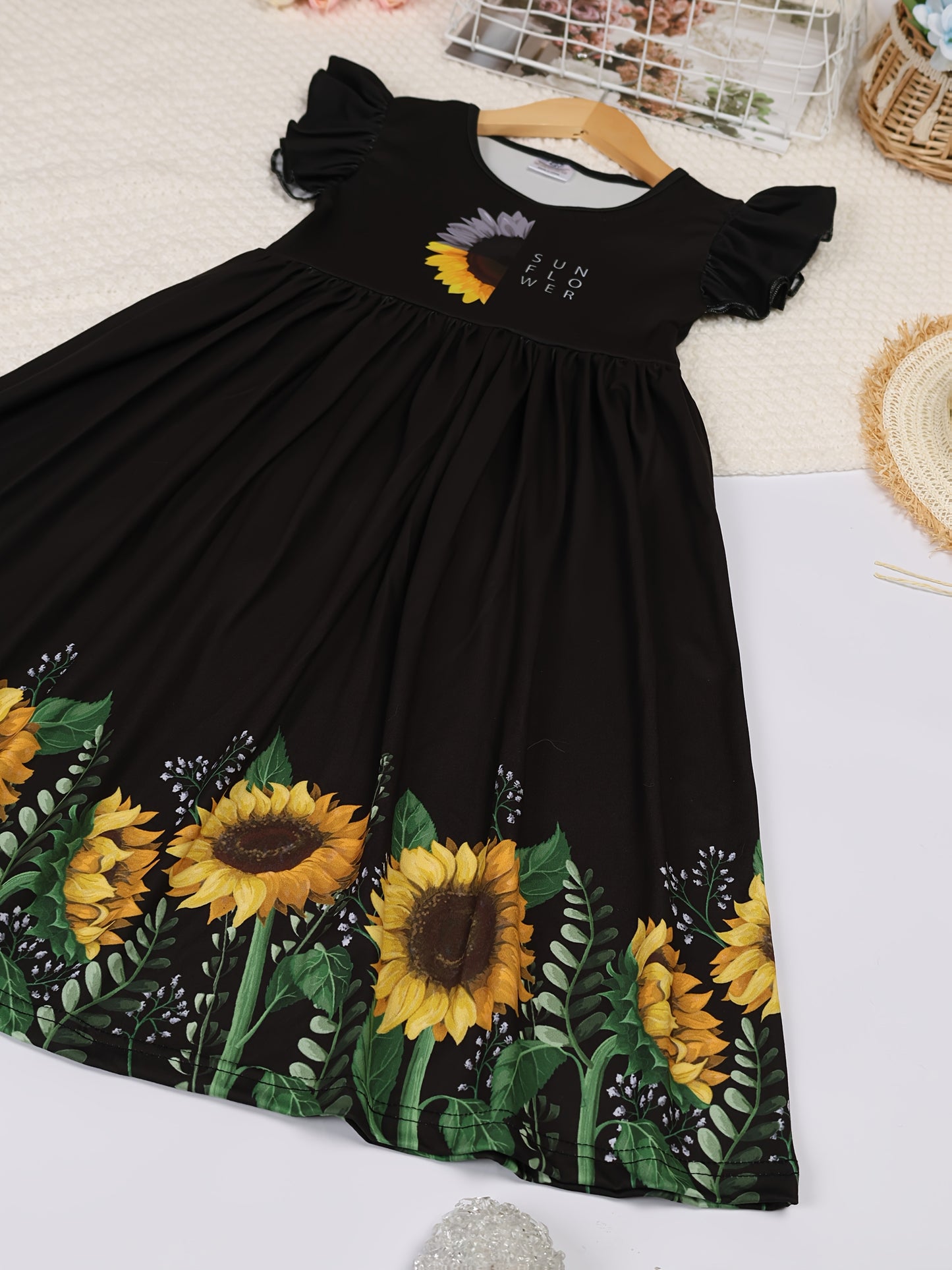 Girls Summer Sunflower Print Dress with Ruffled Sleeves Black and Yellow Floral Pattern Casual Crew Neck Mid Calf Length Fitted Top and Flared Skirt Breathable Polyester Machine Washable