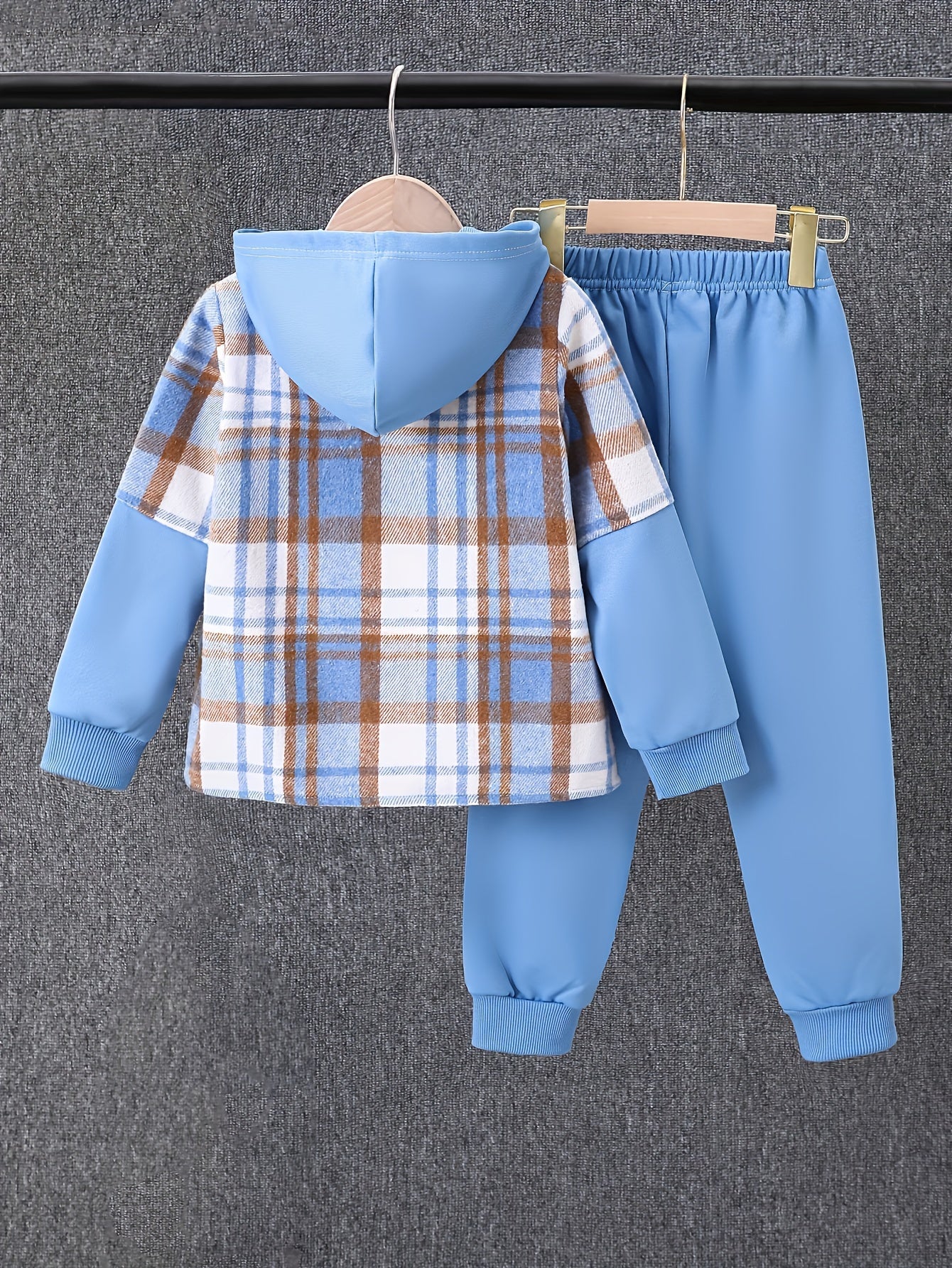 2pcs Fall And Winter Boys Long Sleeved Plaid Cardigan Suit Hooded Jacket And Fashion Work Pants