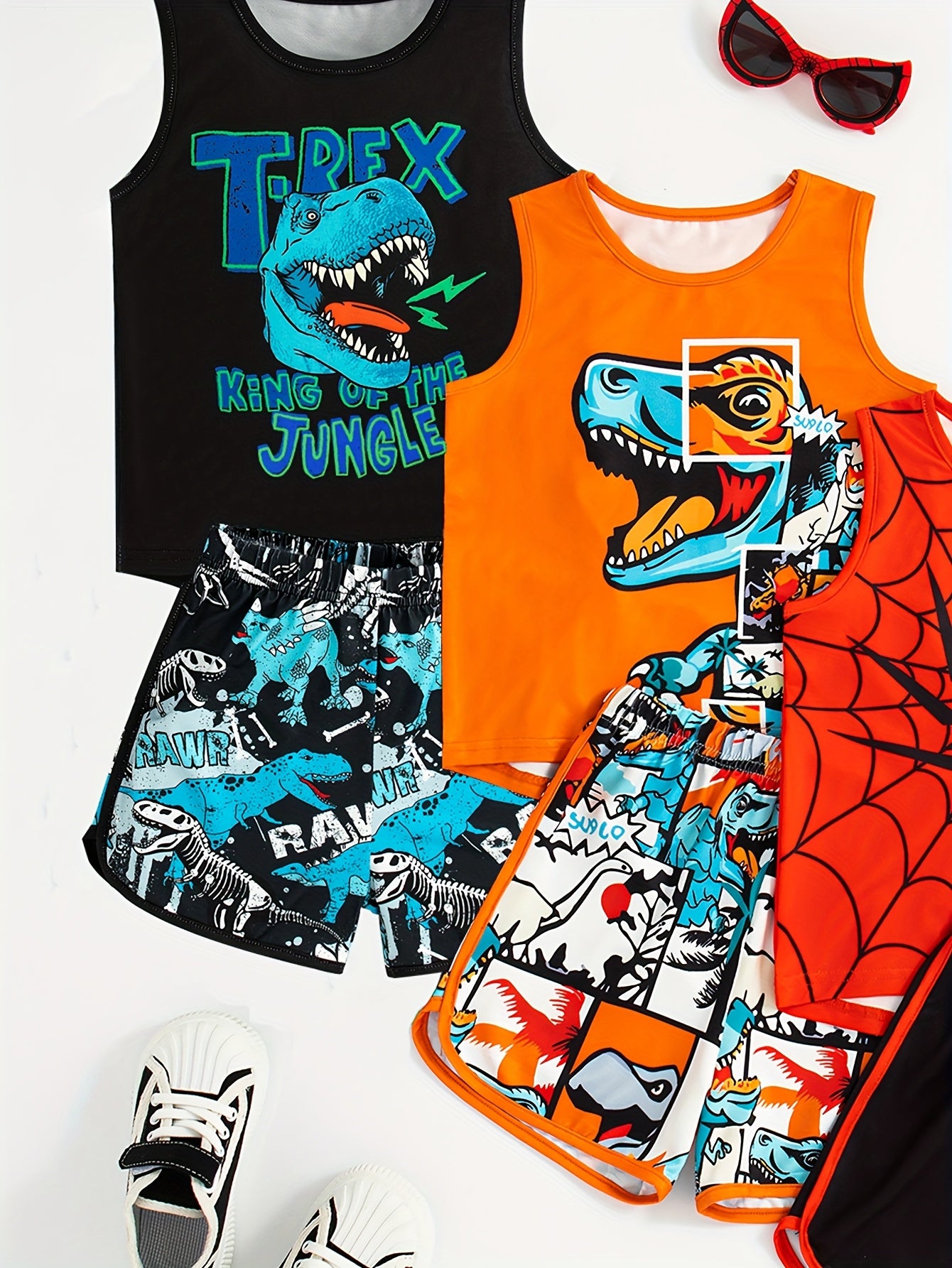 Summer New Boys Leisure Multi Suit Pattern Round Neck Vest Shorts Three Piece Set for Outdoor Wear