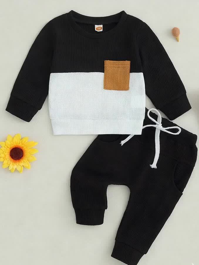 Toddler Baby Boys Pants Set, Long Sleeve Crew Neck Contrast Color Sweatshirt Elastic Waist Sweatpants Infant Clothes