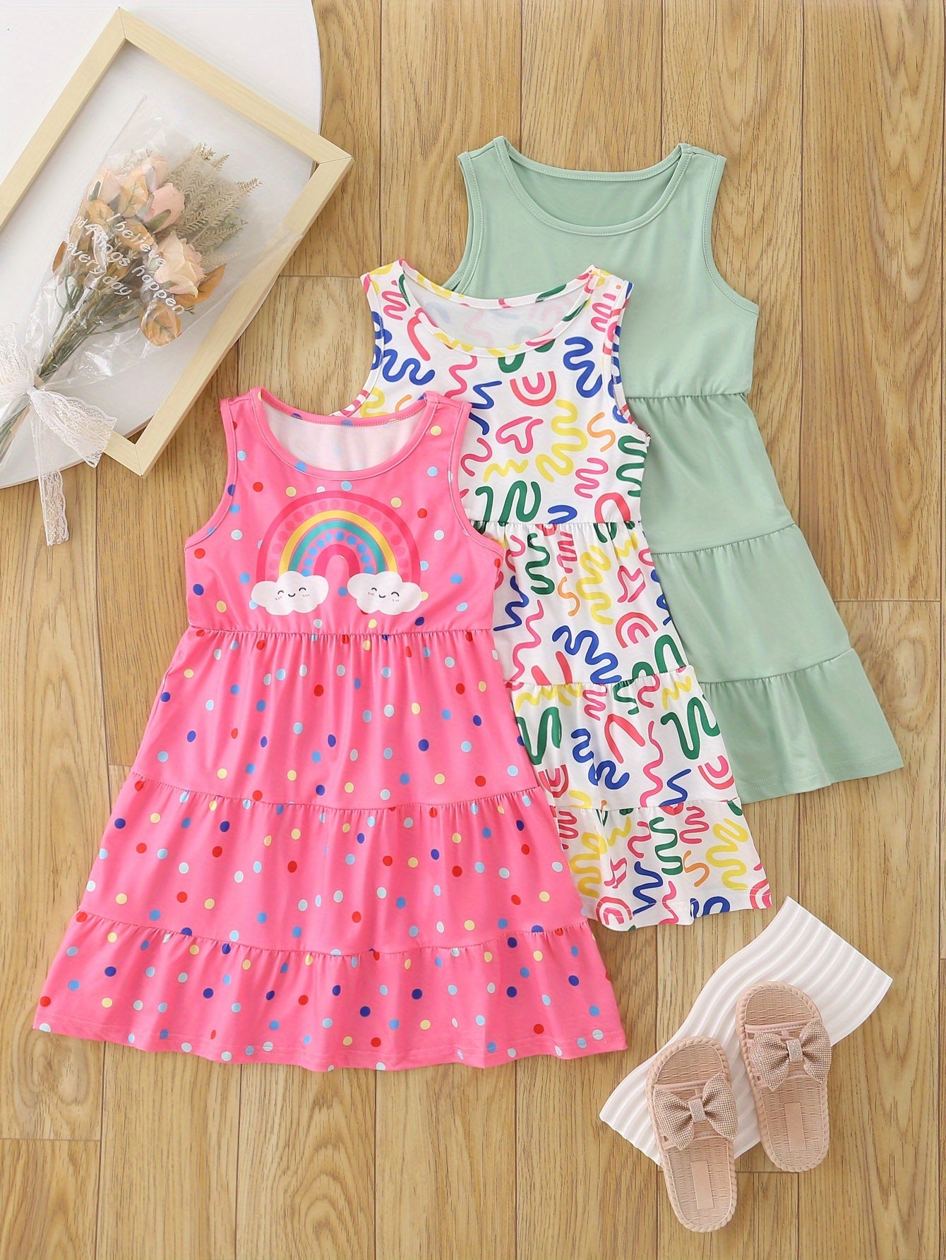 3 Pack Summer Girls Sleeveless Dresses Easter Holiday Gift Party Chic Peplum Casual Dresses for Kids