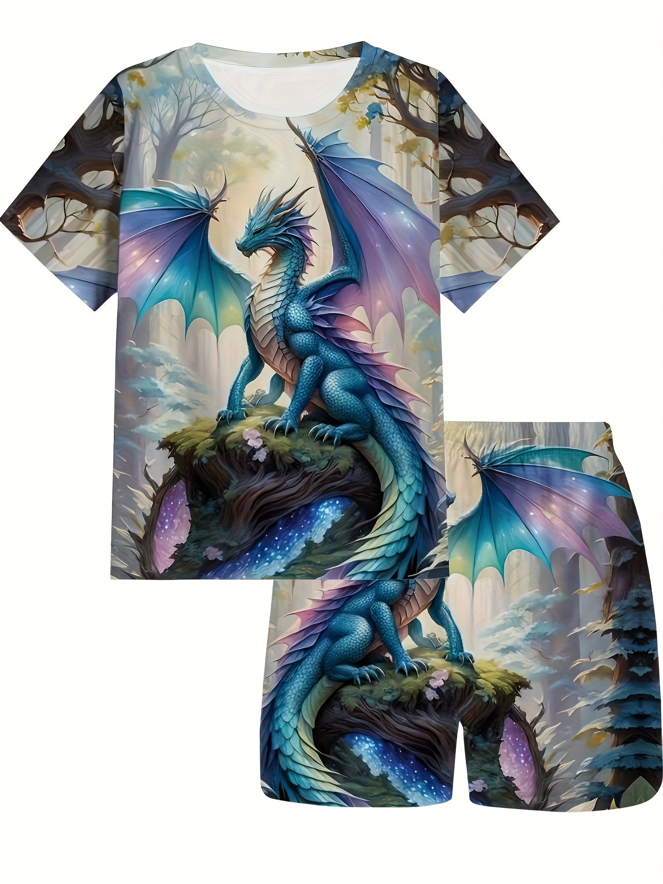 Boys Dragon Print T-Shirt Soft Polyester Crew Neck Short Sleeve Casual Tee for Teens Great for Summer and Spring Outdoor Wear