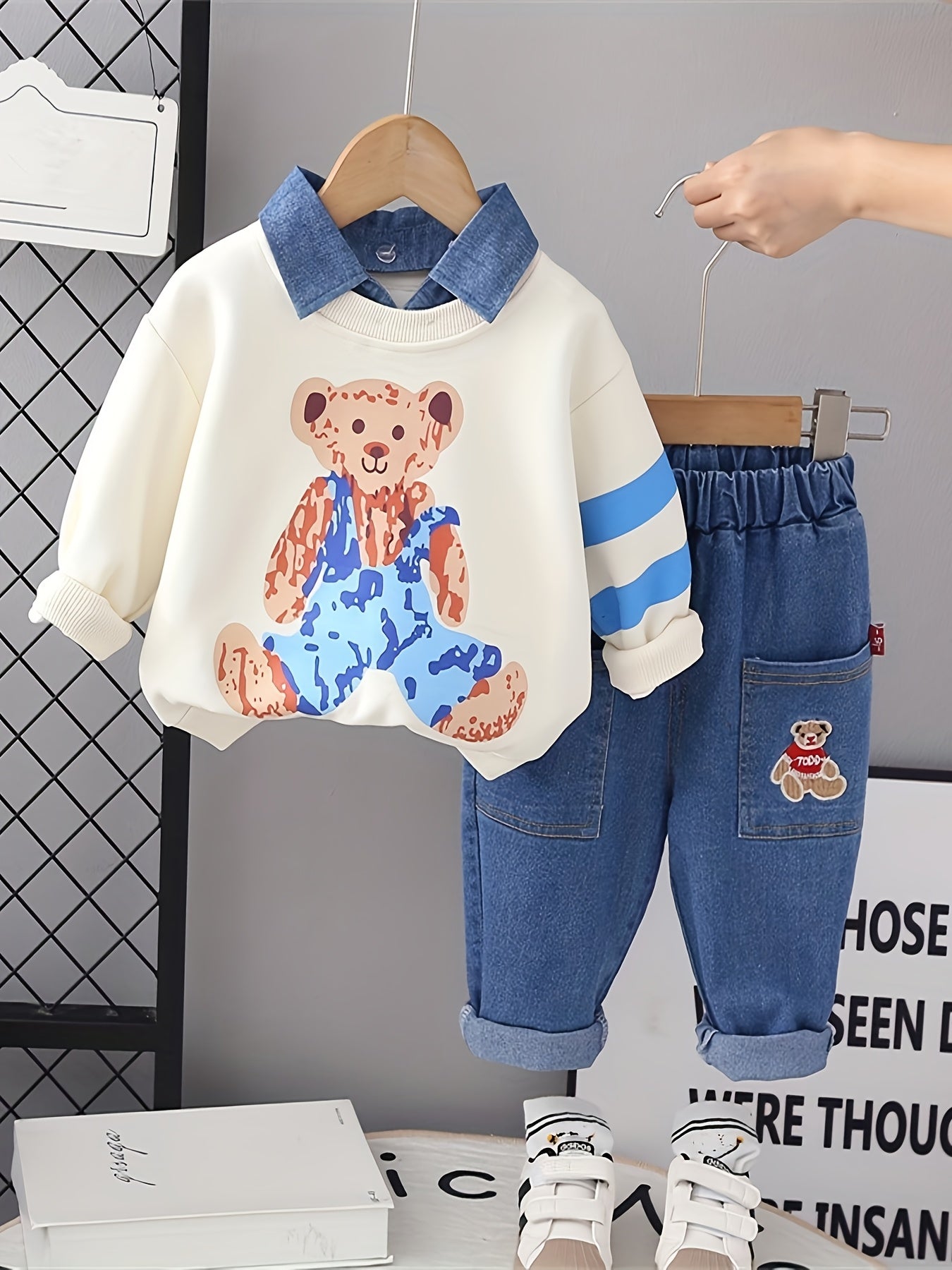 Boys' Denim Overalls with Cartoon Bear Print - Loose Fit Casual Spring/Fall Outfit, Matching Denim Pants & Black Sweater, Perfect for Outdoor Play, Bear Clothes, Perfect for Outdoor