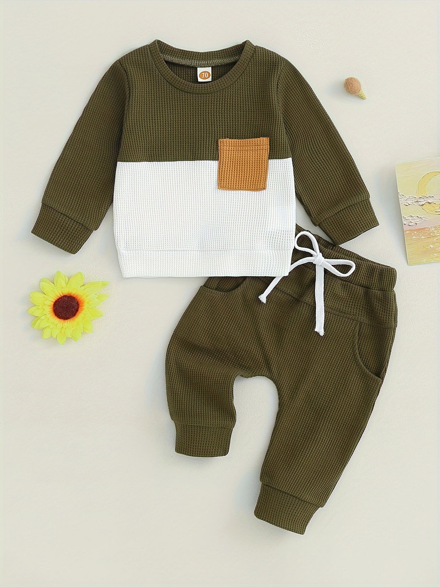 Toddler Baby Boys Pants Set, Long Sleeve Crew Neck Contrast Color Sweatshirt Elastic Waist Sweatpants Infant Clothes