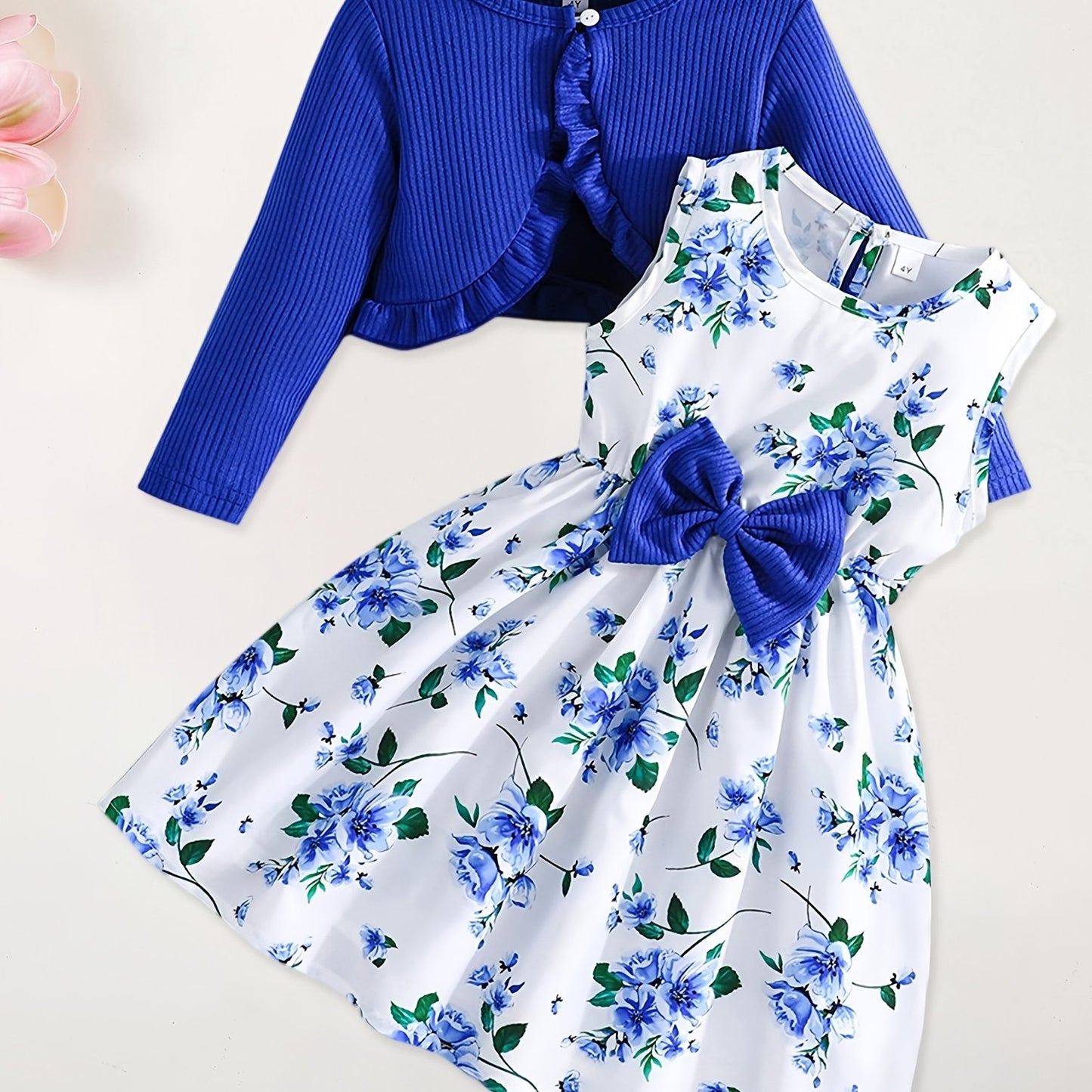 Girl Dress Set Floral Print Round Neck Bow A-Line Tank Dress with Ruffled Ribbed Cardigan