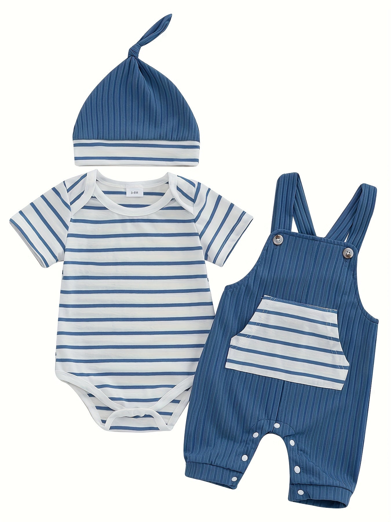 Baby Boys Summer Outfits Stripe Short Sleeve Rompers Suspender Pants Hat 3 Piece Clothes Set for Outdoor Activities