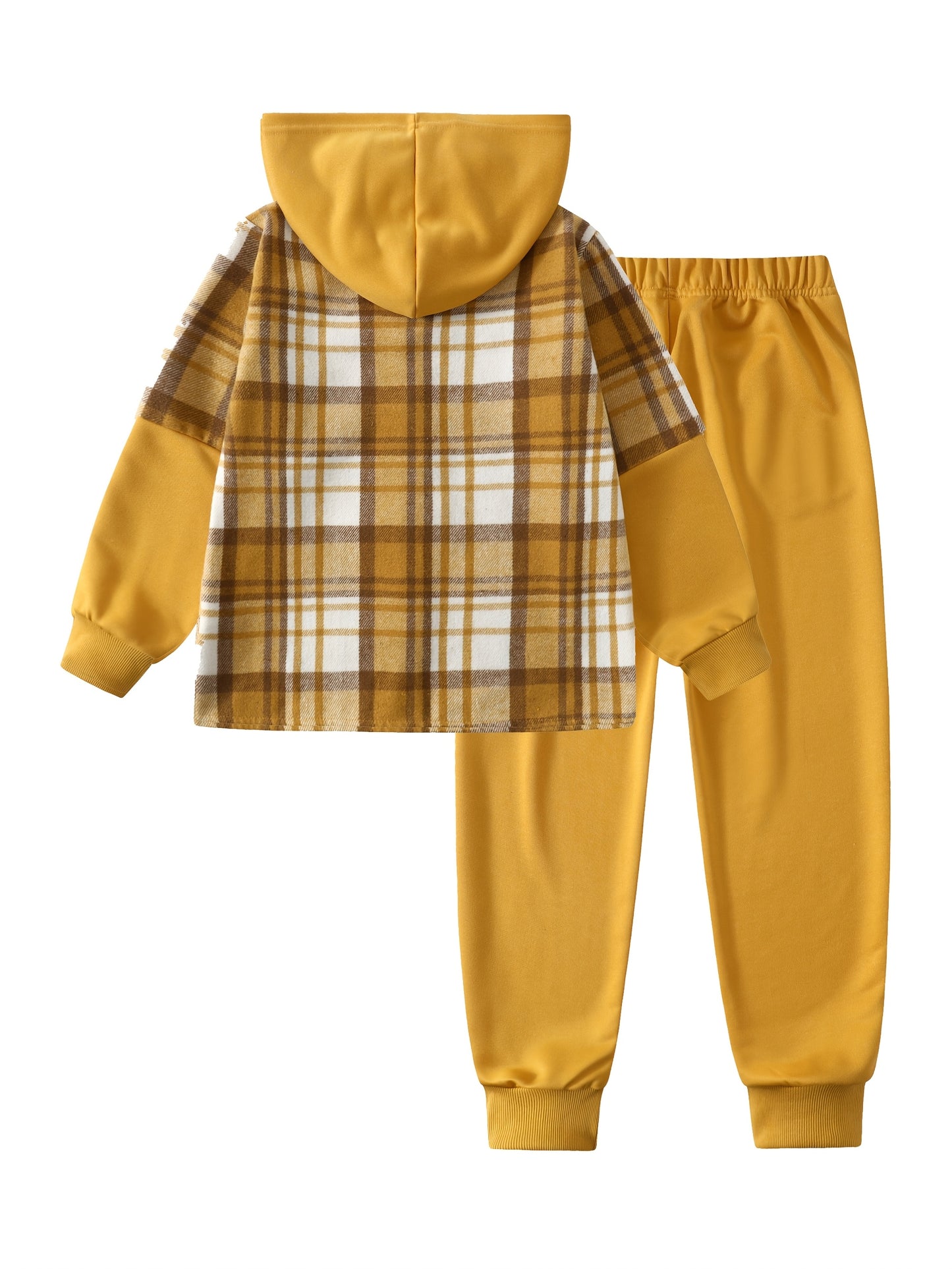 2pcs Fall And Winter Boys Long Sleeved Plaid Cardigan Suit Hooded Jacket And Fashion Work Pants