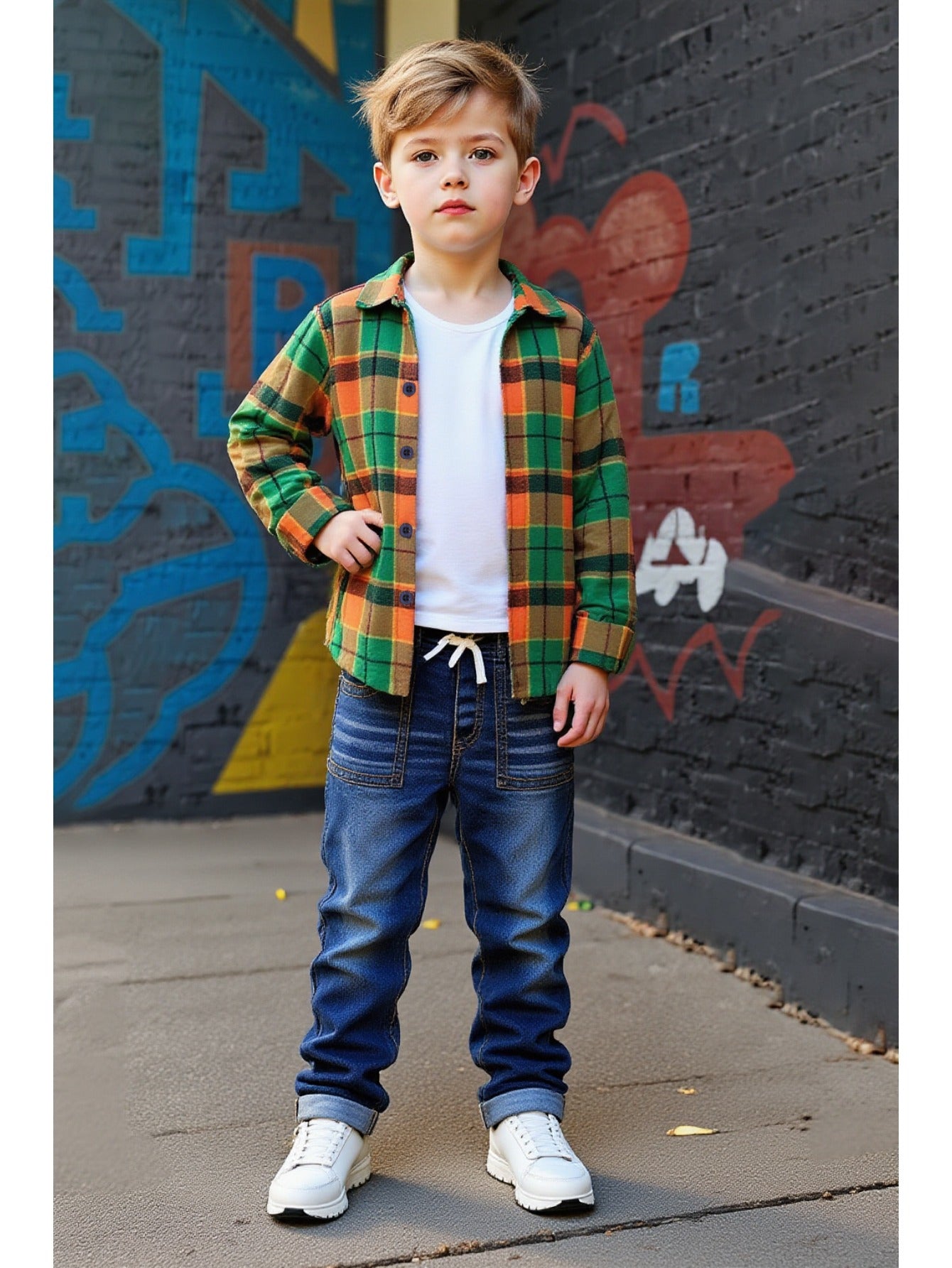 Boys Plaid Button Down Shirt And Denim Two Piece Set