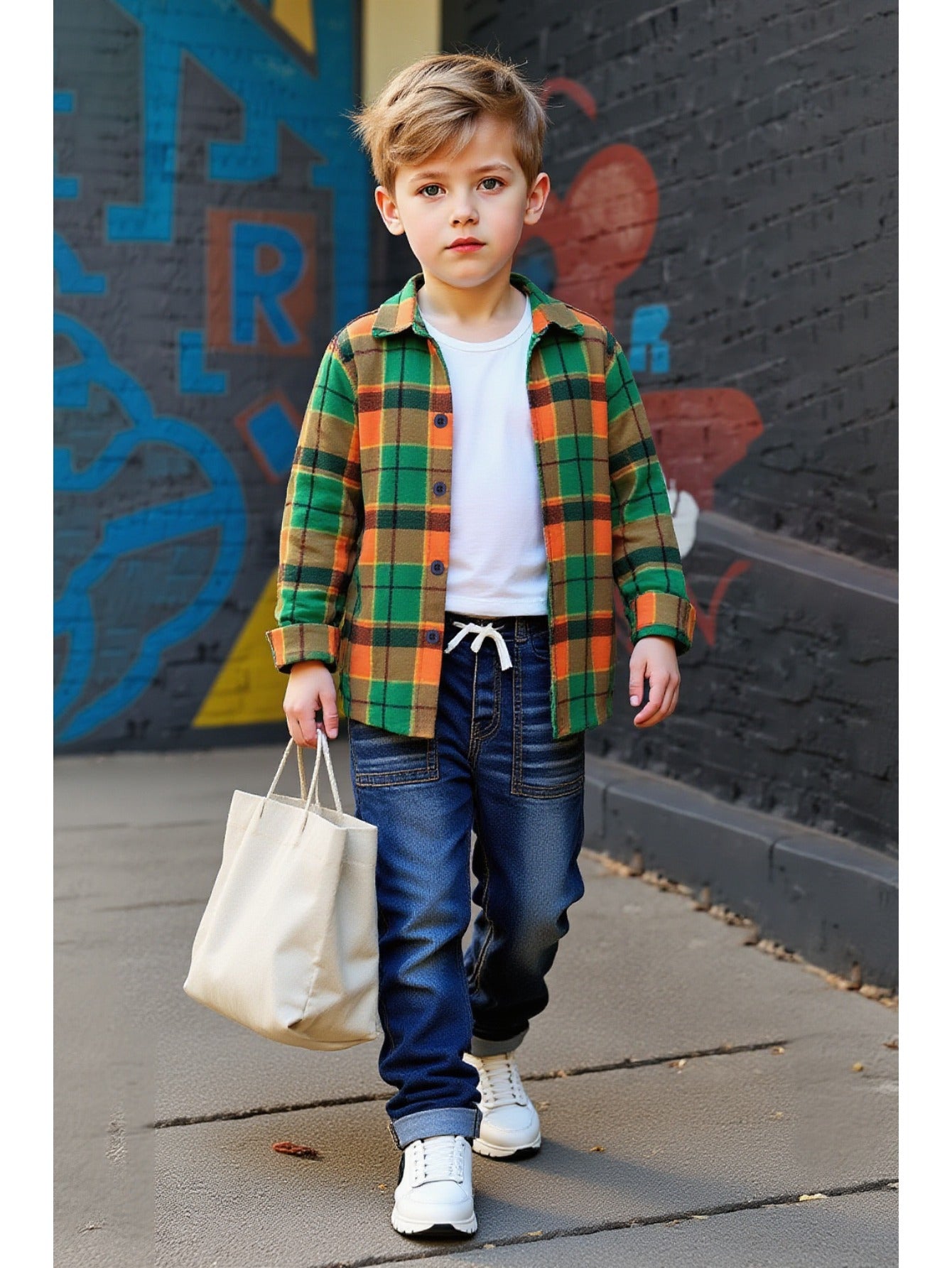 Boys Plaid Button Down Shirt And Denim Two Piece Set