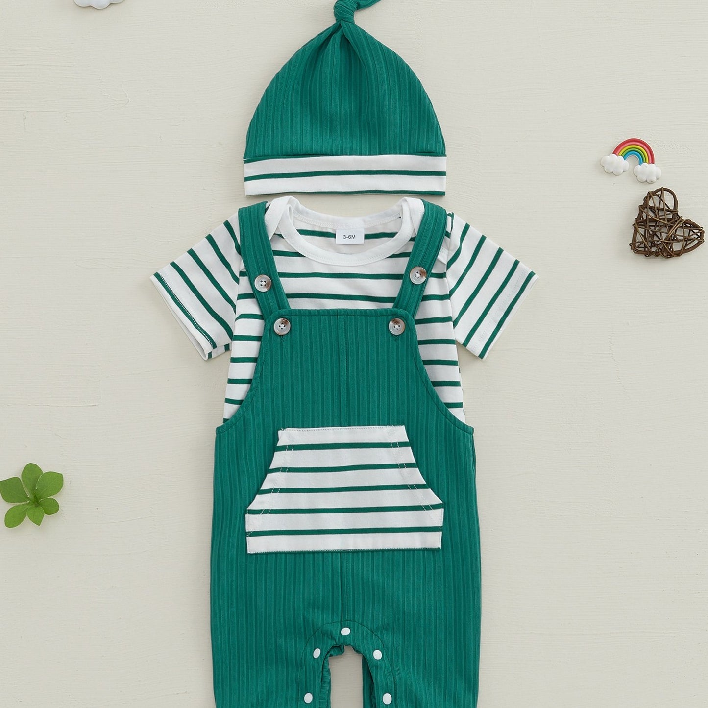 Baby Boys Summer Outfits Stripe Short Sleeve Rompers Suspender Pants Hat 3 Piece Clothes Set for Outdoor Activities