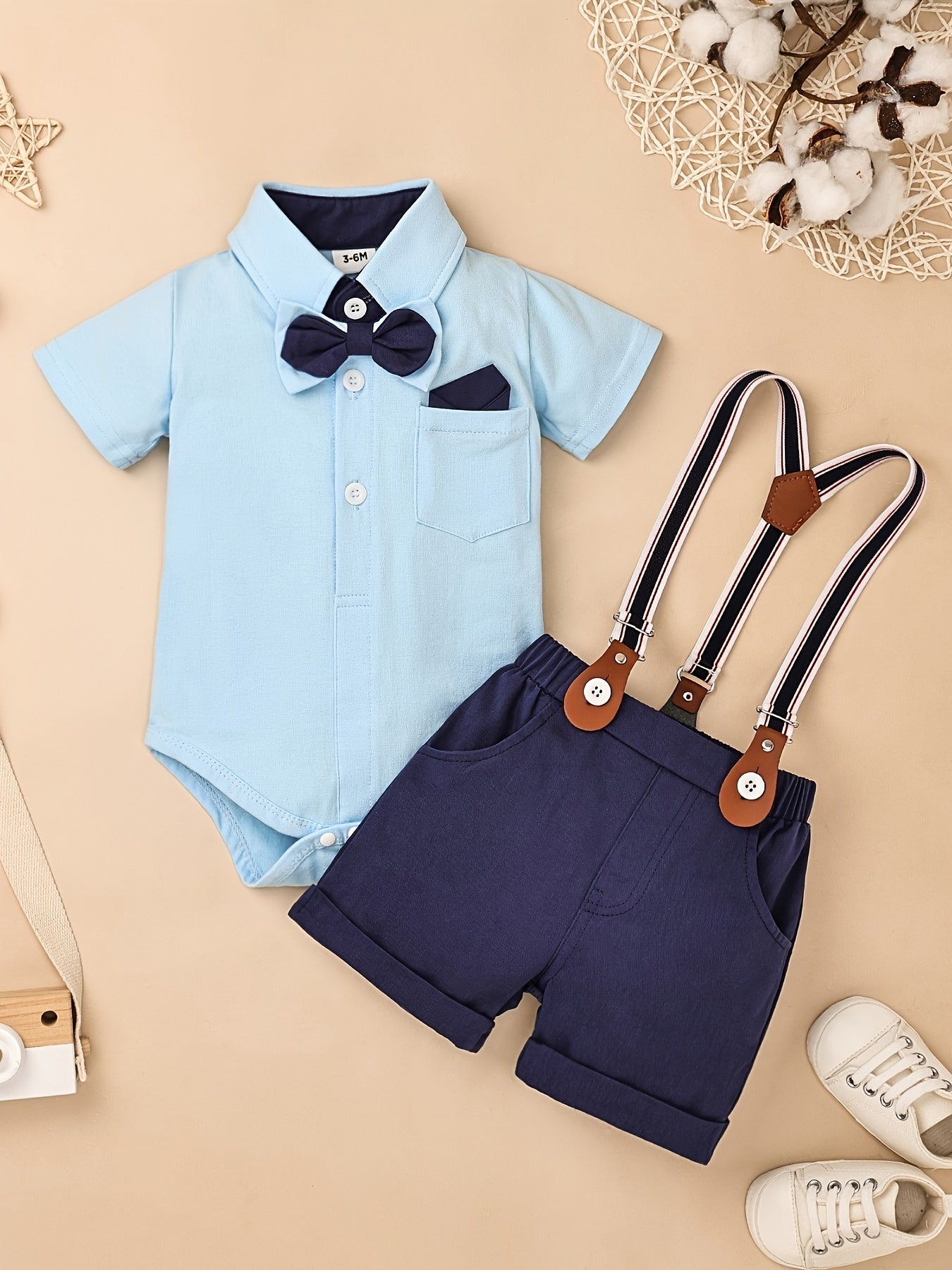 Baby Boy Clothes Infant Little Gentleman Romper Strap Pants Bowtie 3pcs Outfits 0-18 Months