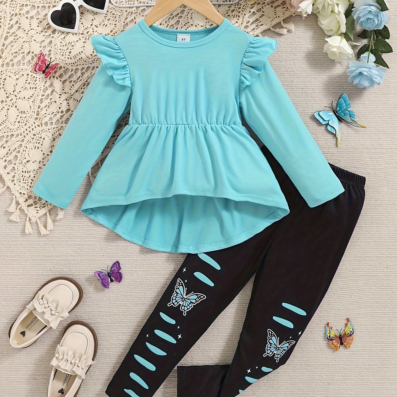 ' 2pcs Cozy Knit Outfit Set - Turquoise Blue Ruffled Collar Top & Black Butterfly Print Pants with Elastic Waist, Soft Warm Winter Clothes, Machine Washable for Fall/Winter Outdoor Play & Casual Attire, Casual Outfits for Coo