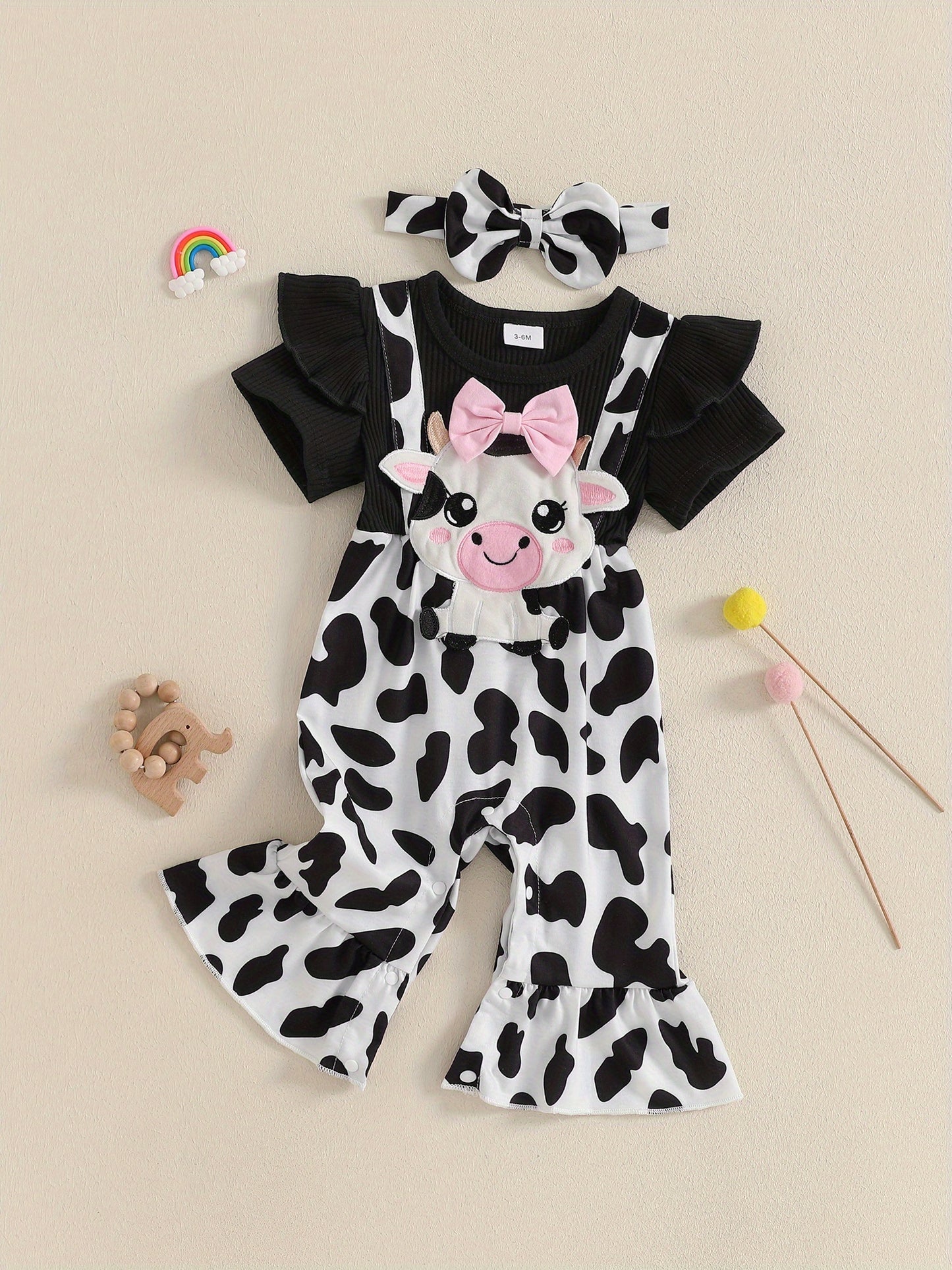 Baby Girl 2pcs Spring Outfit Short Sleeve Round Neck Cow Embroidery Jumpsuit with Headband Set Newborn Clothes for Outdoor