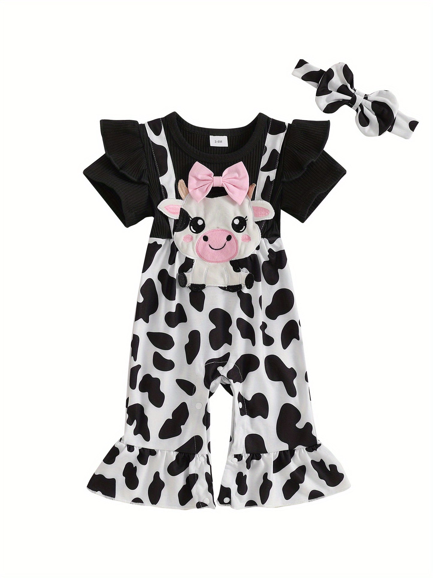 Baby Girl 2pcs Spring Outfit Short Sleeve Round Neck Cow Embroidery Jumpsuit with Headband Set Newborn Clothes for Outdoor