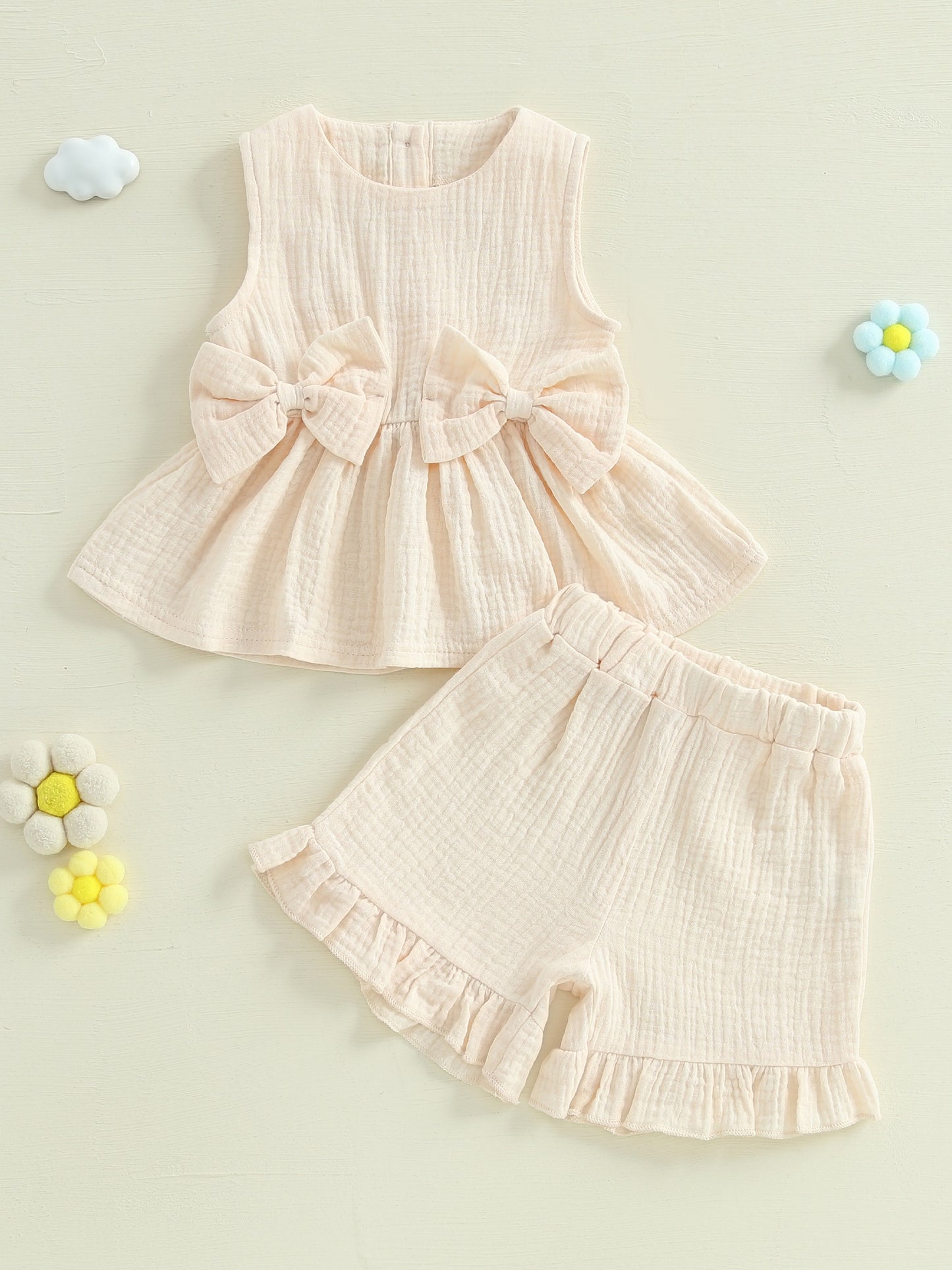 Toddler Girl Summer Clothes Solid Color Bow Round Neck Tank Tops and Elastic Waist Ruffled Shorts 2 Piece Set for Outdoor Activities