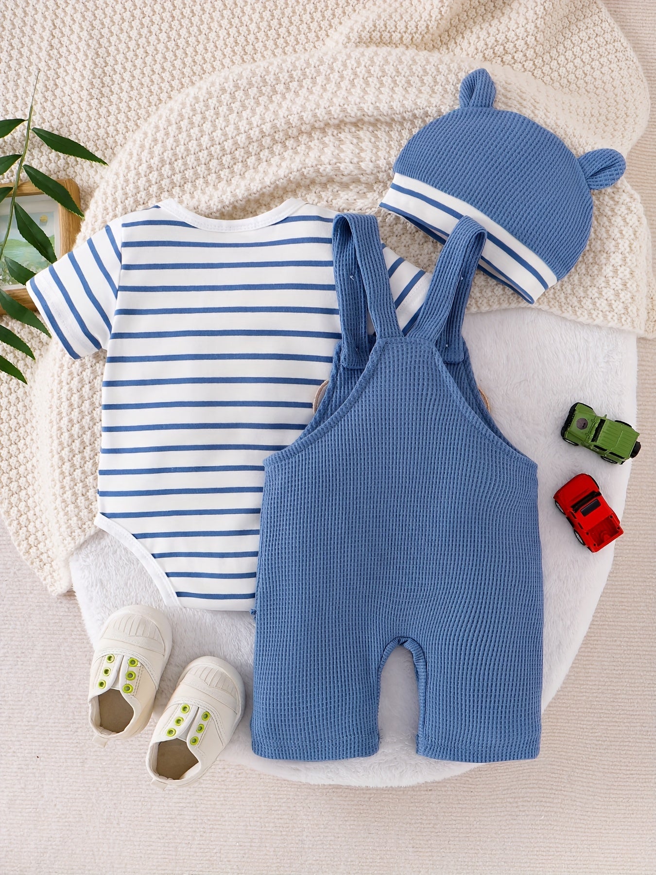 Baby Boy Clothes Short Sleeved Cute Cartoon Romper Shorts And Hat Overalls Suspender Set For Boys 0 To 18 Months Outdoor Use