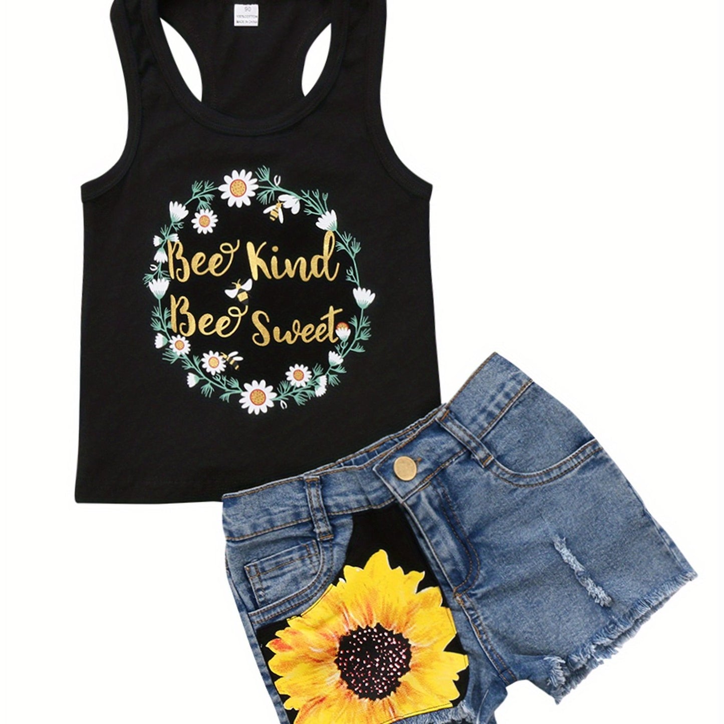 Baby Girls Sleeveless Letter Printed Halter Vest and Sunflower Denim Shorts Clothes 2pcs Outfits Set for Outdoor