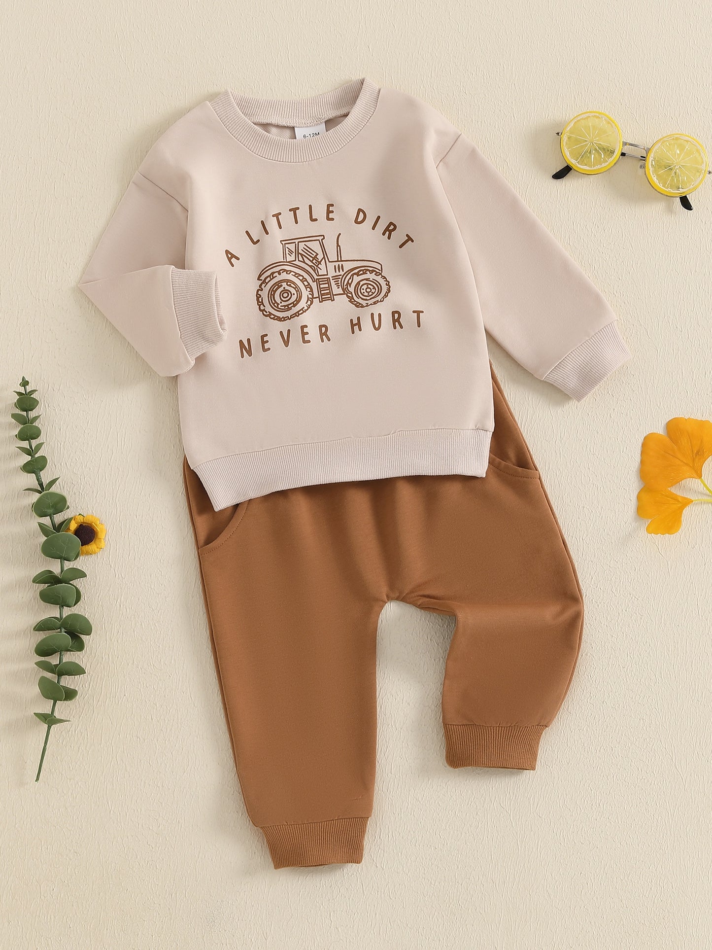 Cotton Blend Boys Outfit Set Tractor Print Sweatshirt Pants