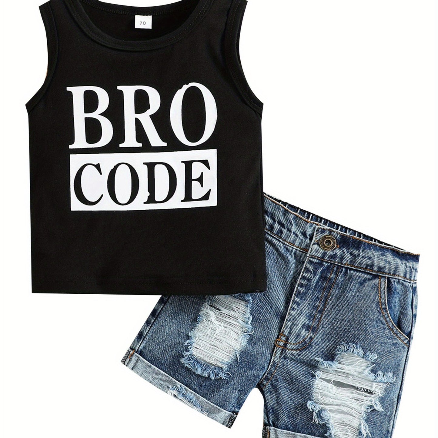 Baby Toddler Boys Summer Outfit Set Round Neck Sleeveless Letter Print Tank Tops and Ripped Denim Shorts for Outdoor Activities