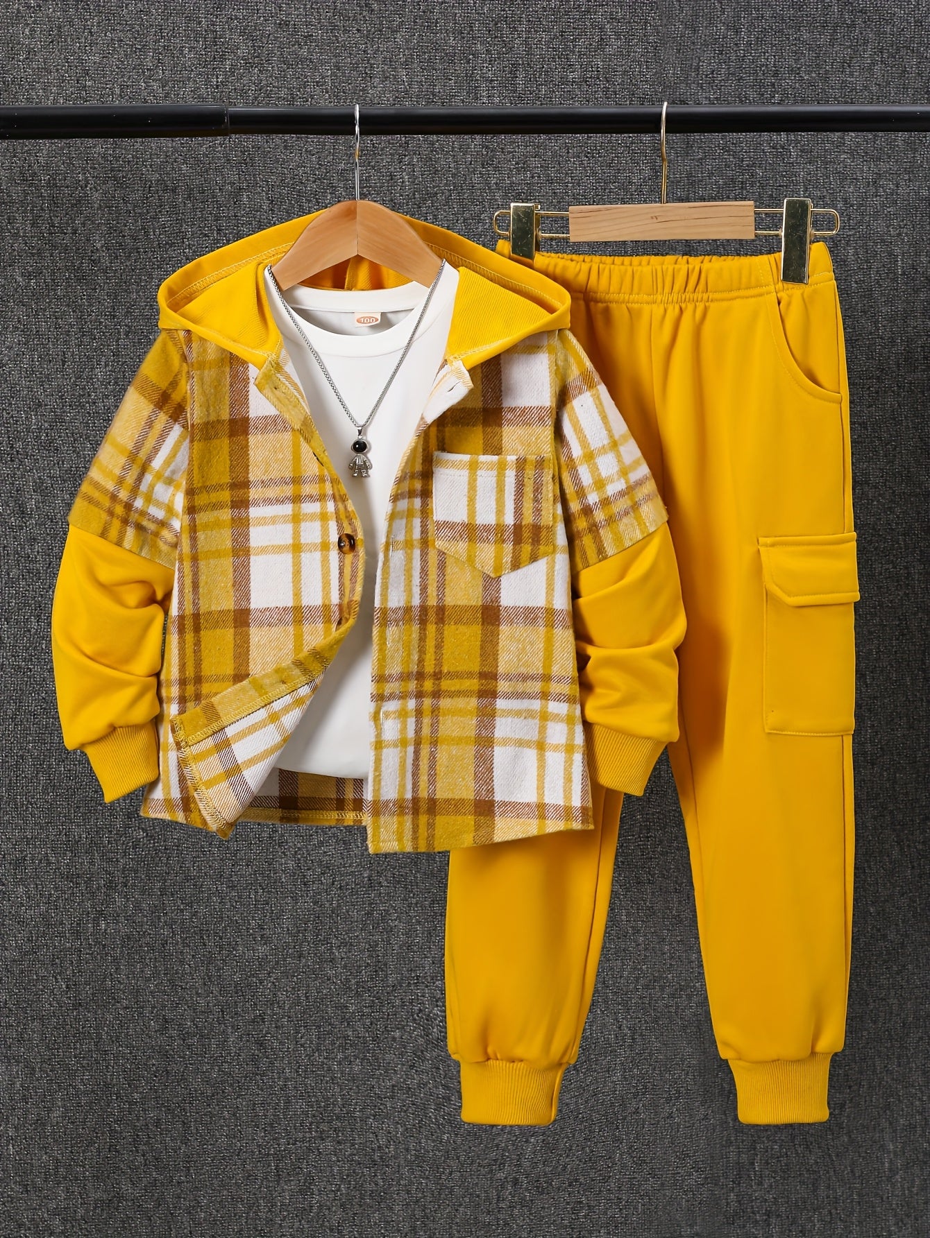 2pcs Fall And Winter Boys Long Sleeved Plaid Cardigan Suit Hooded Jacket And Fashion Work Pants