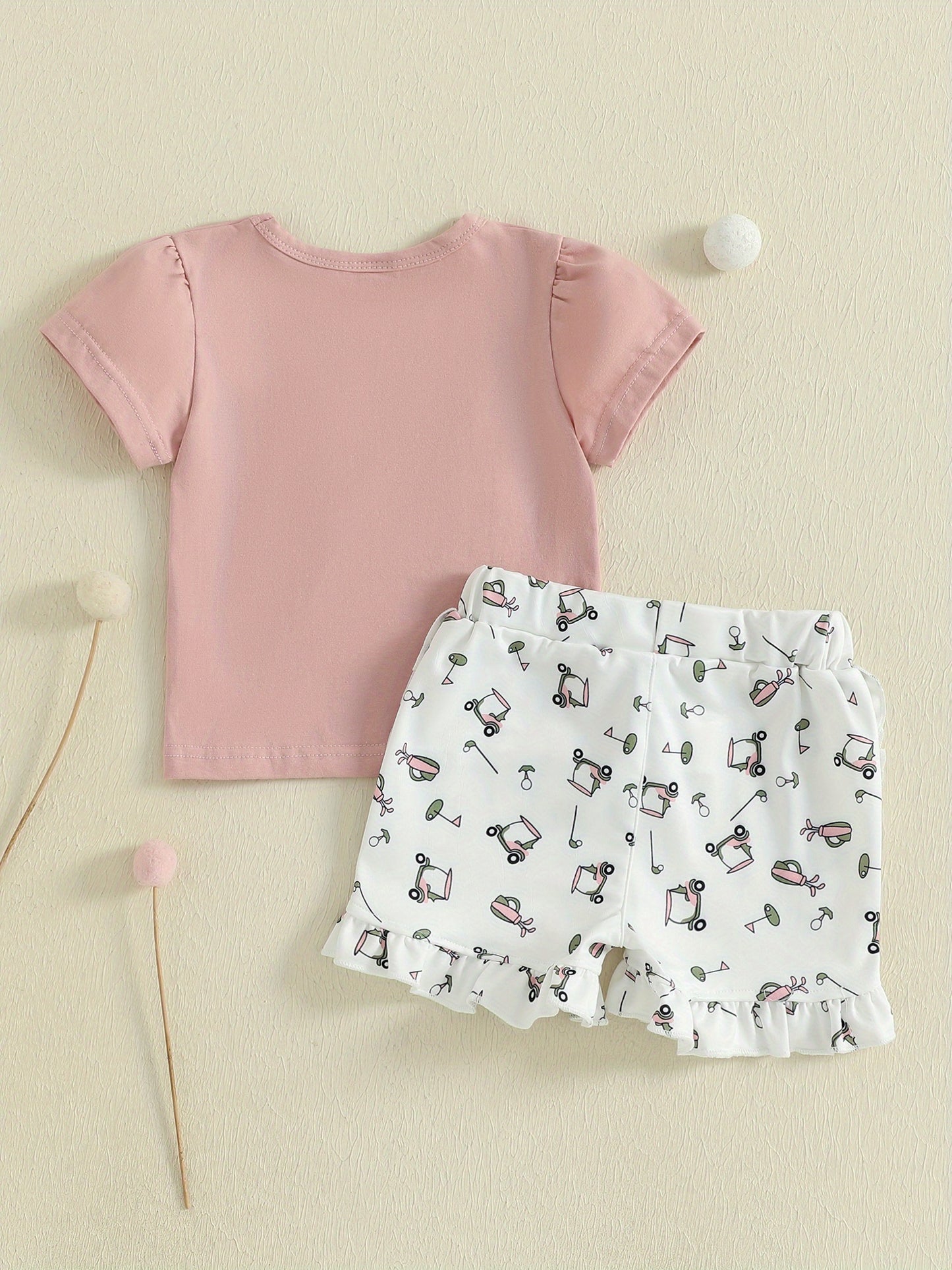 Toddler Girls Summer Outfit Golf Print Embroidery Short Sleeve T-Shirt and Elastic Shorts Set Cute 2 Piece Clothes for Outdoor Activities
