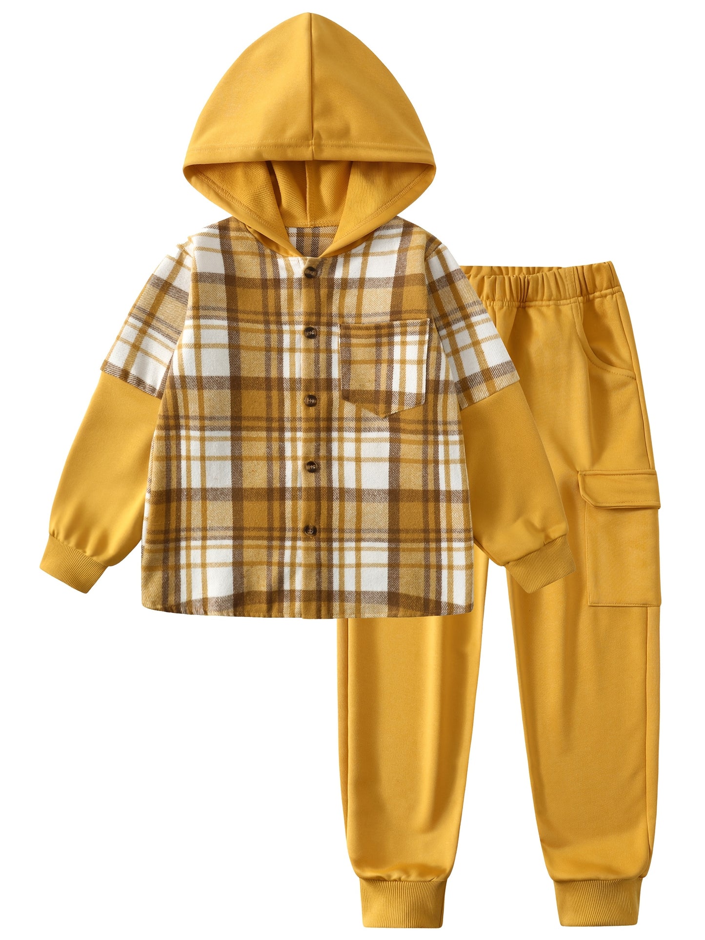 2pcs Fall And Winter Boys Long Sleeved Plaid Cardigan Suit Hooded Jacket And Fashion Work Pants