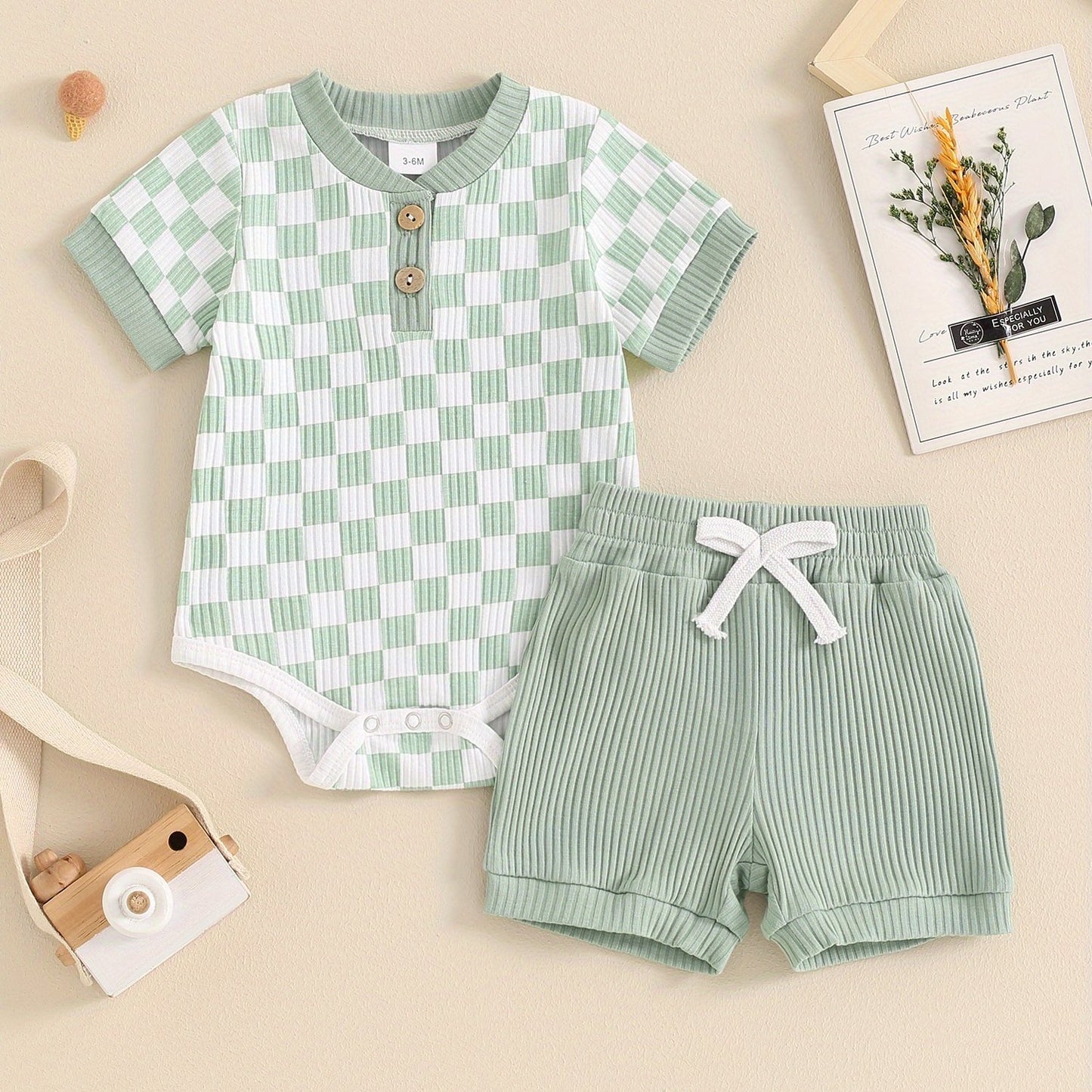 Baby Boys Summer Outfits Checkerboard Buttons Short Sleeve Romper And Shorts 2pcs Clothes Set For Outdoor