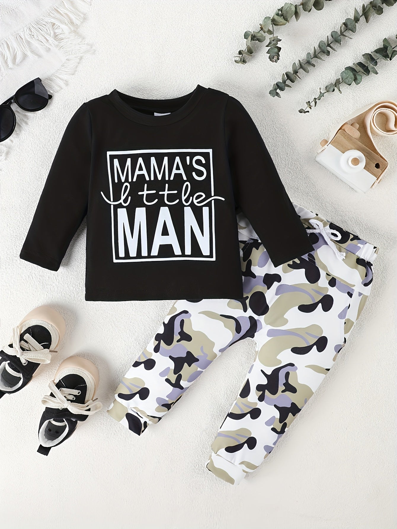 Autumn Baby Print Comfortable Round Neck Long Sleeved Casual Camouflage FashionPants Two-piece Set