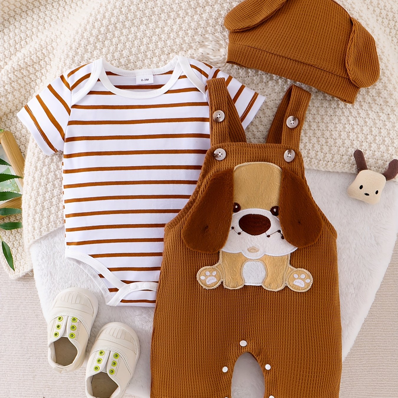 Baby Boy Clothes Short Sleeved Cute Cartoon Romper Shorts And Hat Overalls Suspender Set For Boys 0 To 18 Months Outdoor Use