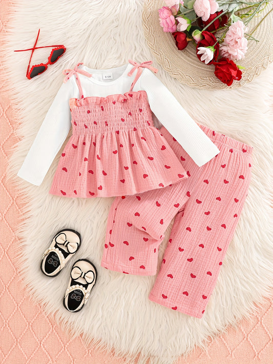 2 Piece Baby Girl Pink Heart Print Top And Pants Set