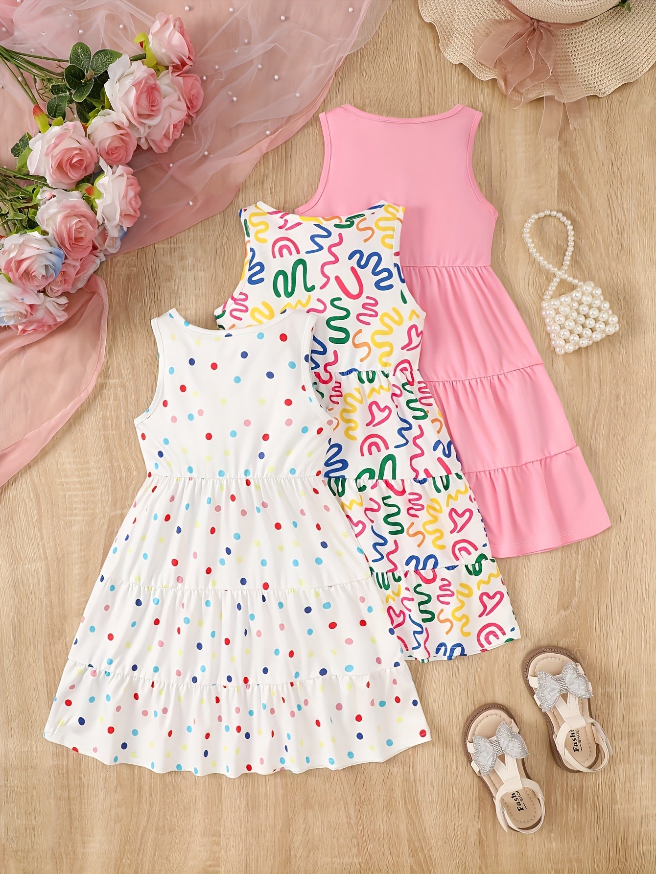3 Pack Summer Girls Sleeveless Dresses Easter Holiday Gift Party Chic Peplum Casual Dresses for Kids