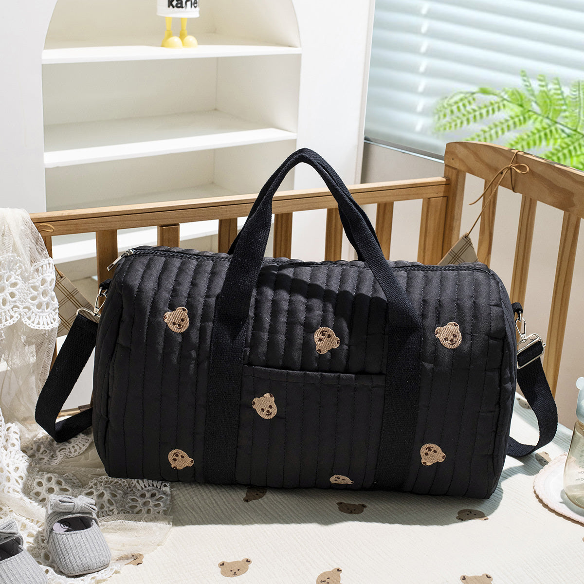 Large Mommy Bag Durable Polyester Large Capacity Embroidered Black Teddy Bear Multi Functional Storage Portable Crossbody Design Everyday Carry Bag Playful Design Sturdy Handle Diaper Bag