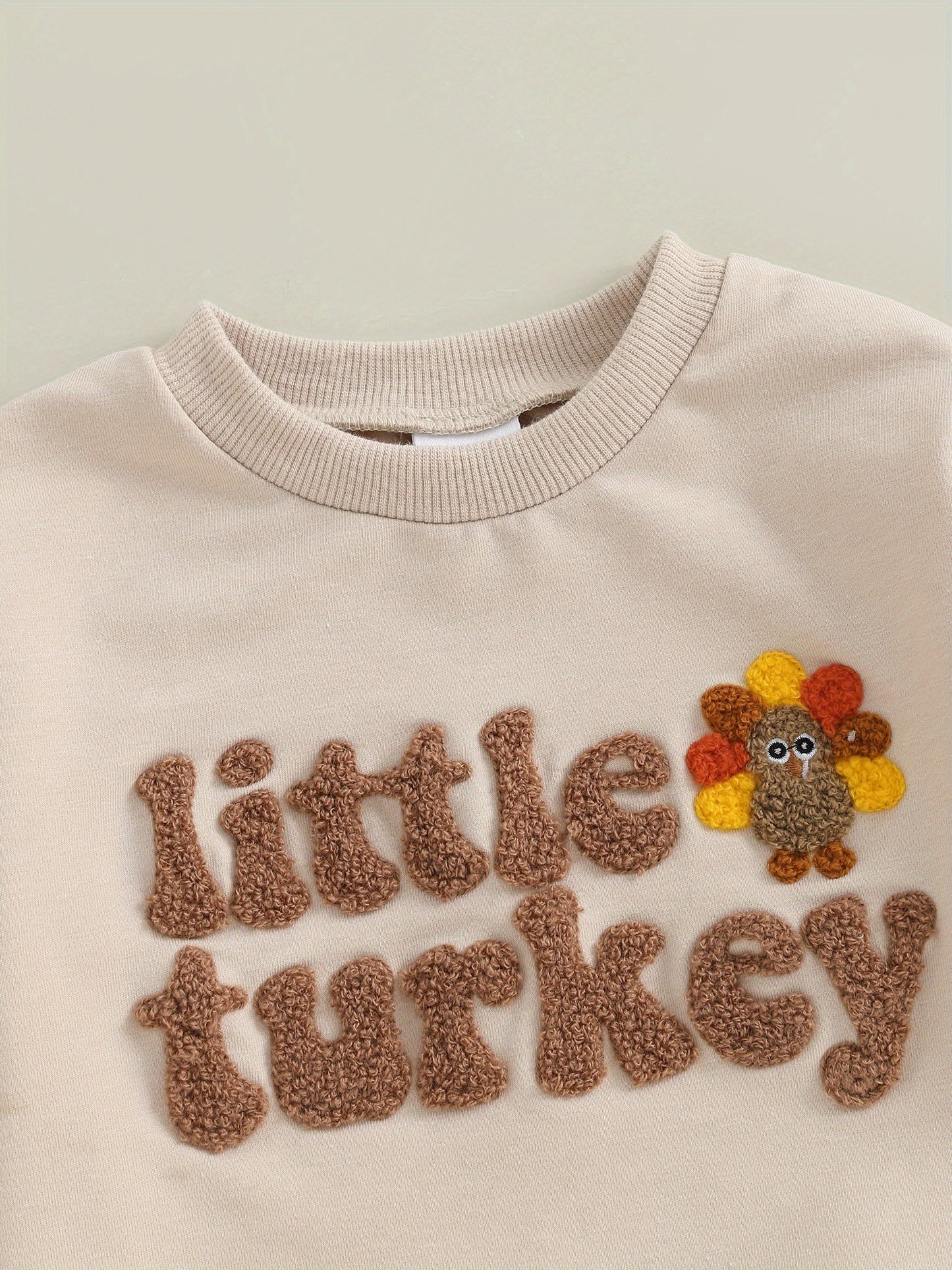 2pcs Toddler Boy Thanksgiving Outfit Set - "Little Turkey" Embroidered Long Sleeve Pullover & Elastic Waist Pants, Casual Crew Neck, Regular Fit, Spring/Fall Collection, Perfect for Thanksgiving, Thanksgiving Outfit | Playful