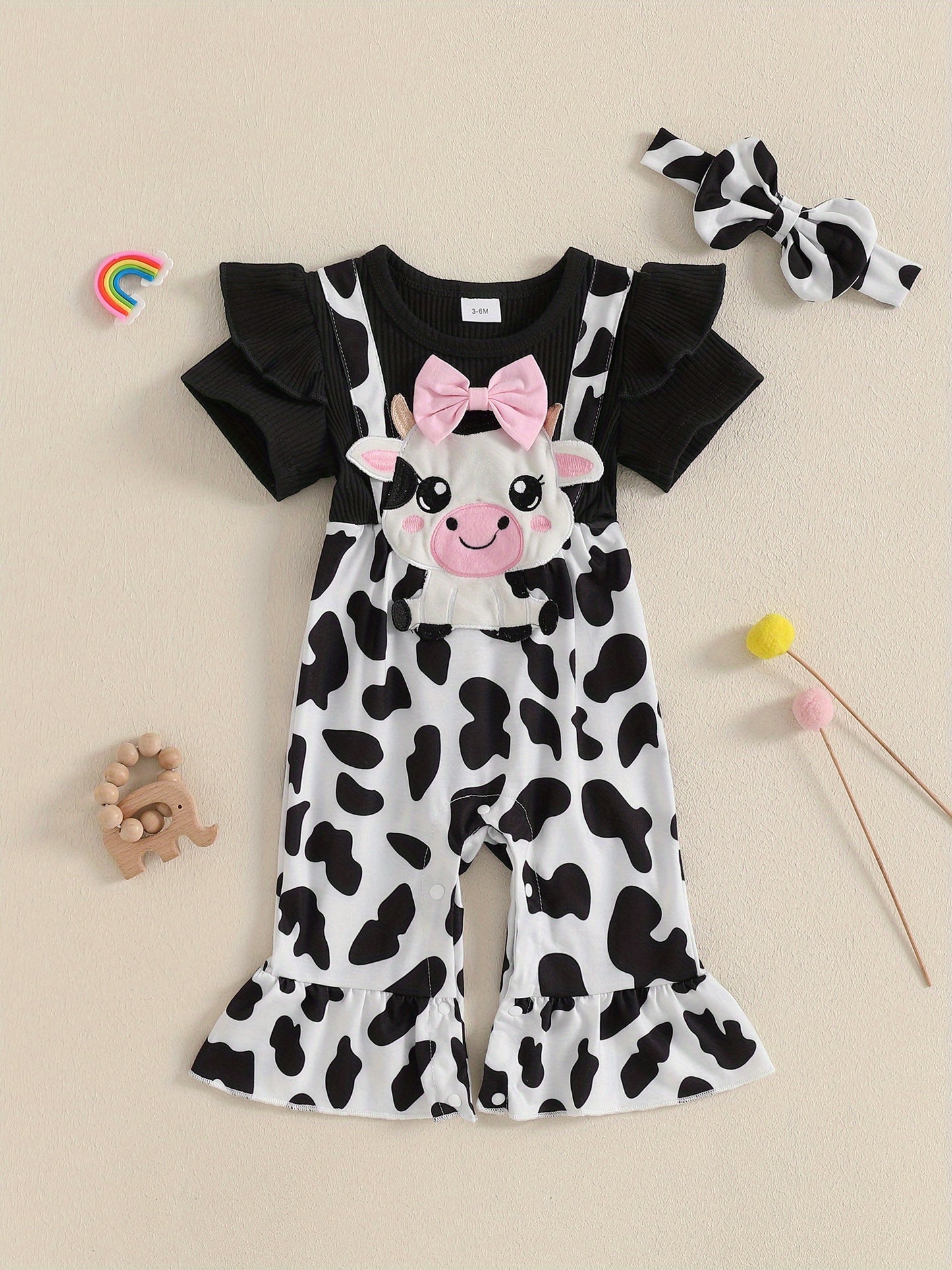 Baby Girl 2pcs Spring Outfit Short Sleeve Round Neck Cow Embroidery Jumpsuit with Headband Set Newborn Clothes for Outdoor