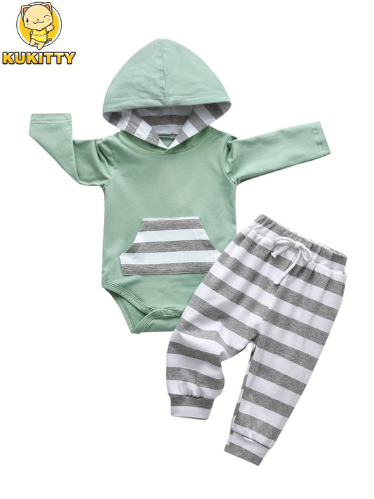 2pcs KuKitty Baby Boy Casual Outfit Set - Long Sleeve Cotton Hoodie Sweatshirt with Striped Pants, Knit Pullover, Regular Fit, Cotton Blend with Elastane, for Autumn/Winter, for Outdoor