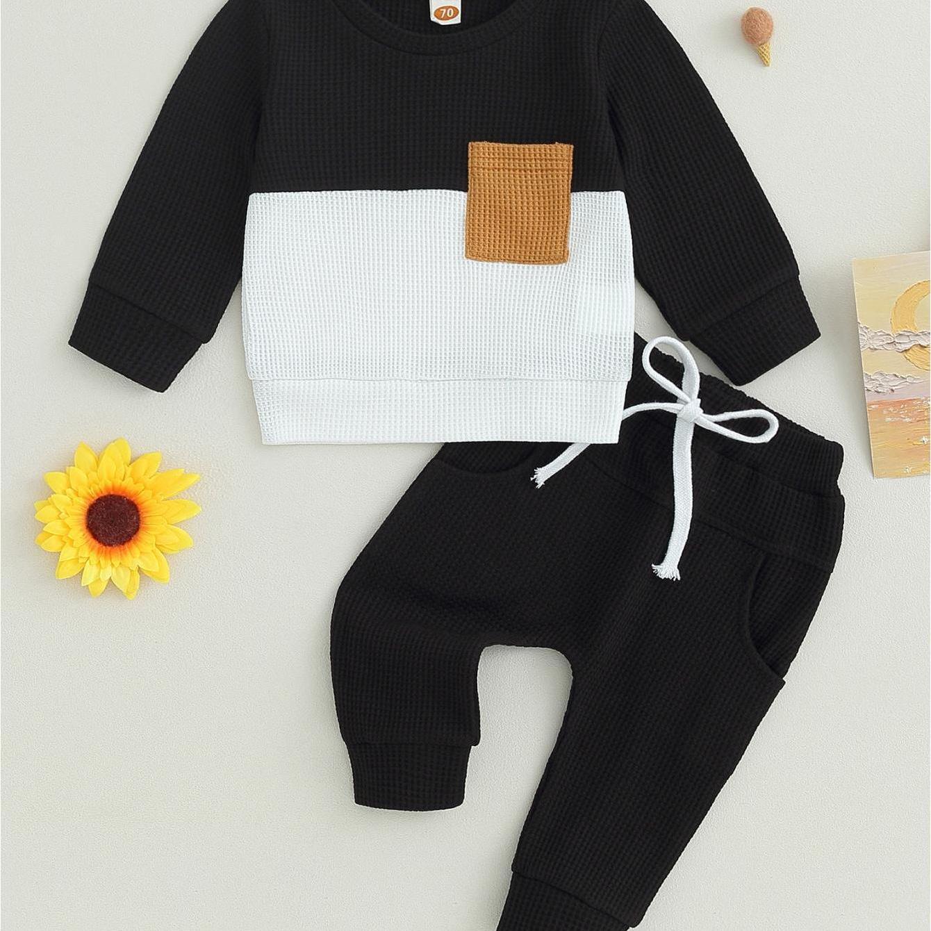 Toddler Baby Boys Pants Set, Long Sleeve Crew Neck Contrast Color Sweatshirt Elastic Waist Sweatpants Infant Clothes