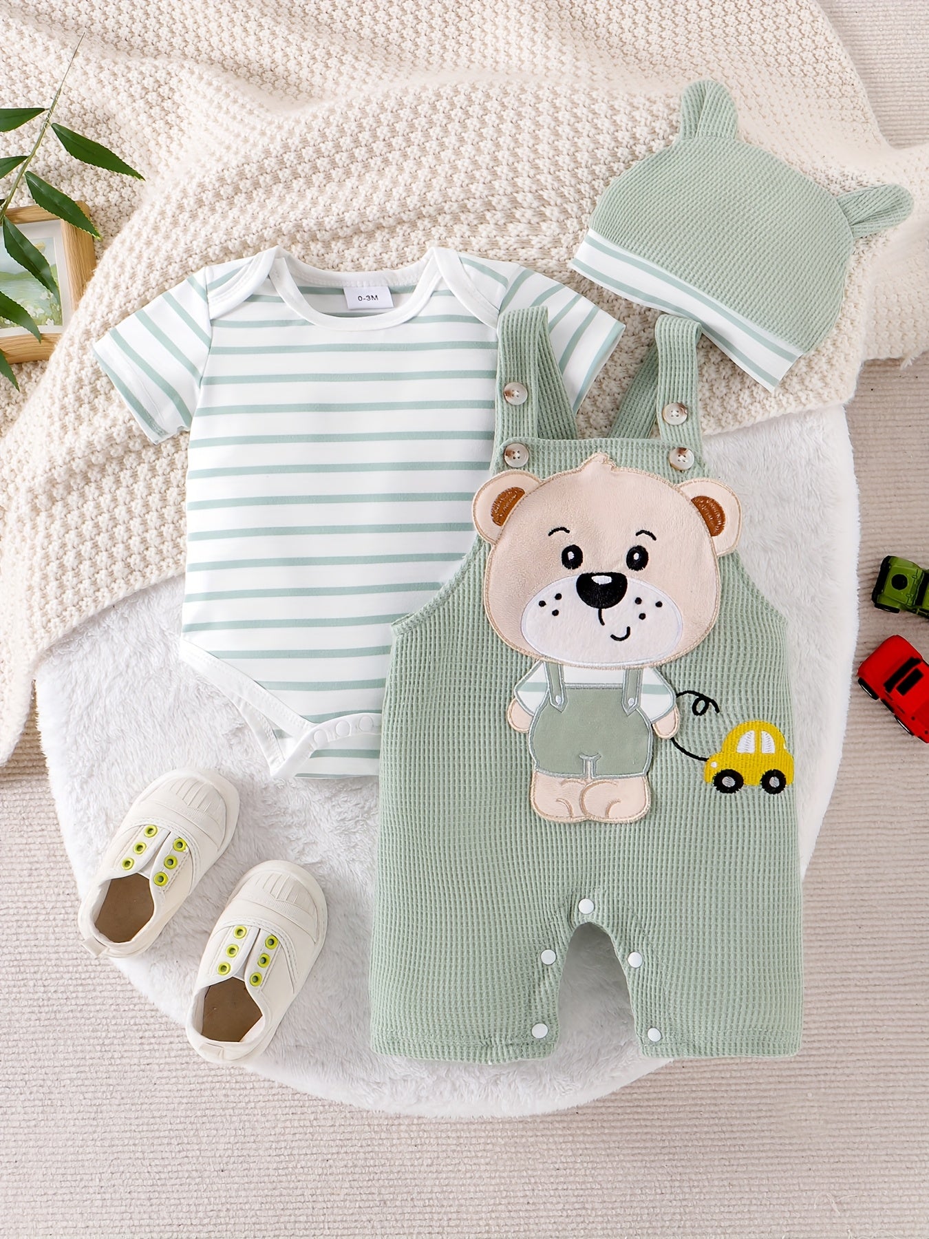 Baby Boy Clothes Short Sleeved Cute Cartoon Romper Shorts And Hat Overalls Suspender Set For Boys 0 To 18 Months Outdoor Use