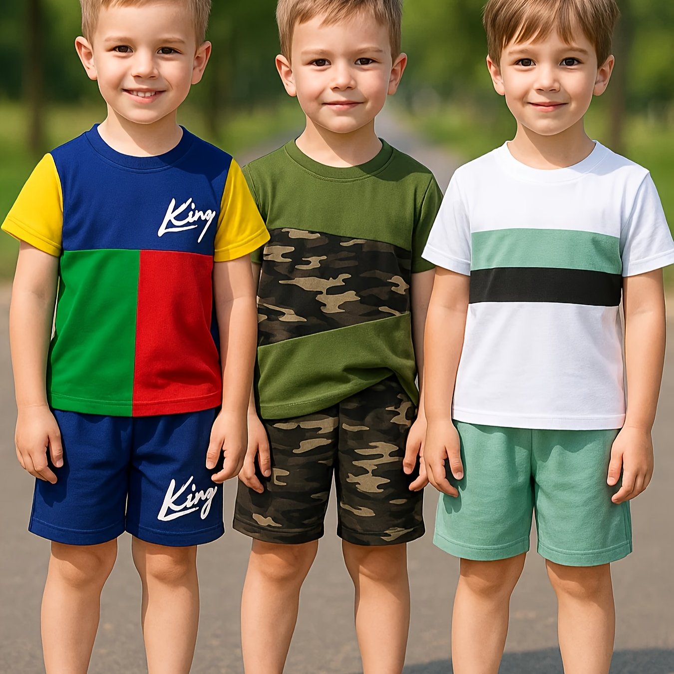 6 Piece Targeted Development Boys Fashion Summer Shorts Set with Cool Printed Shirt and Three Shorts for Outdoor Leisure Activities