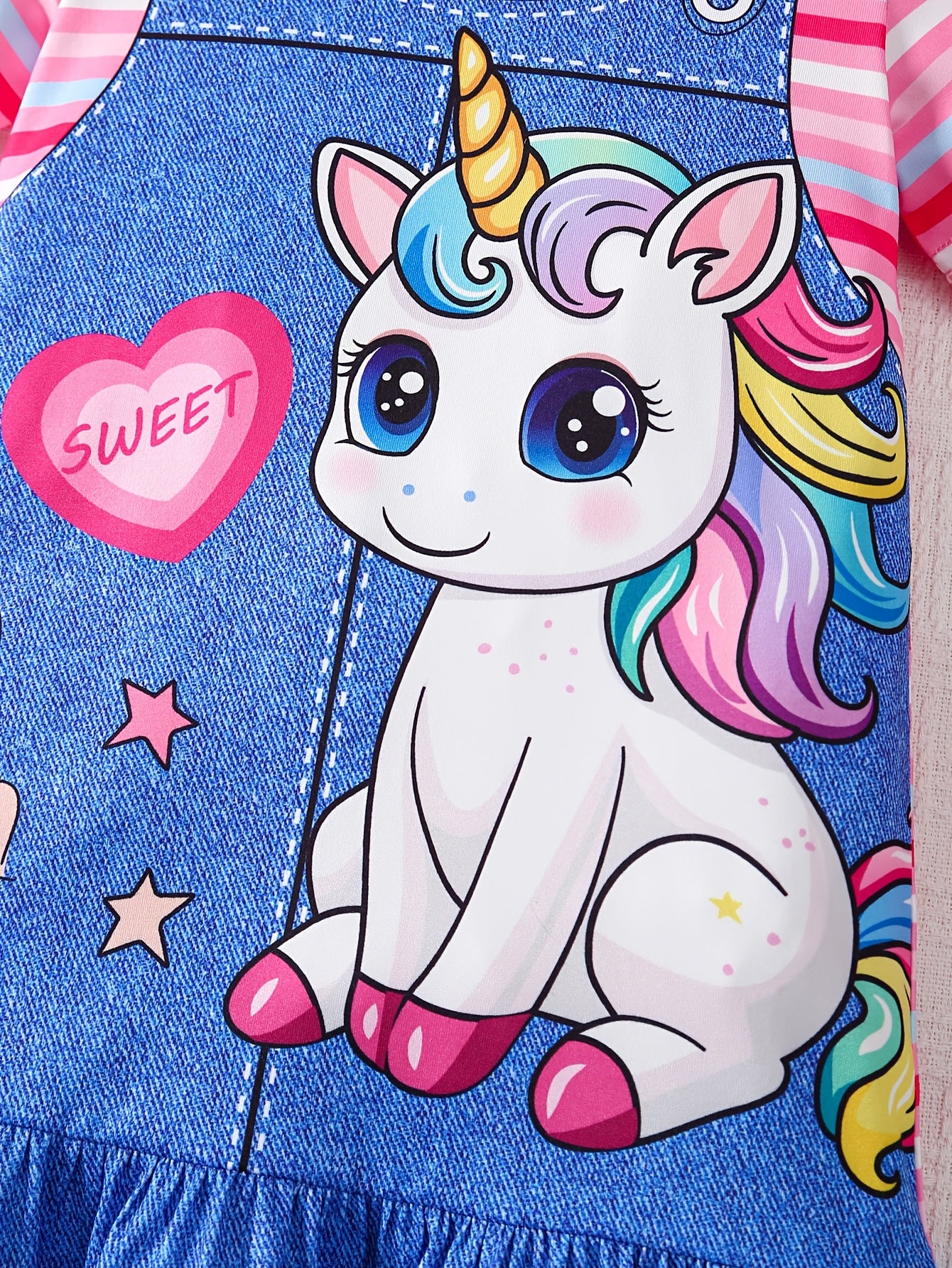Baby Girl Summer Casual Dress Adorable Unicorn and Heart Print Striped Sleeves Imitation Denim Shoulder Straps Flared Ruffled Hem Machine Washable Lightweight Playwear