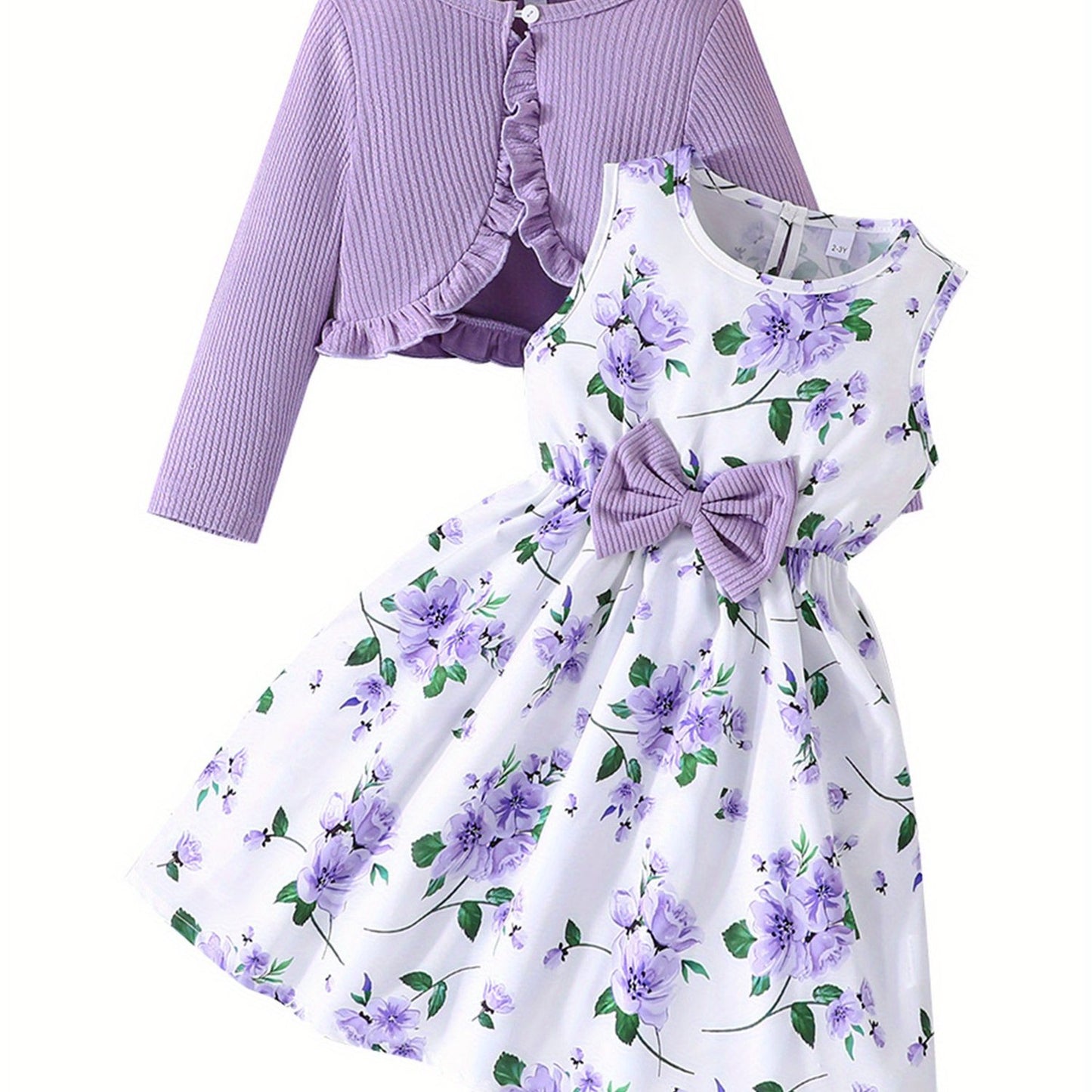 Girl Dress Set Floral Print Round Neck Bow A-Line Tank Dress with Ruffled Ribbed Cardigan