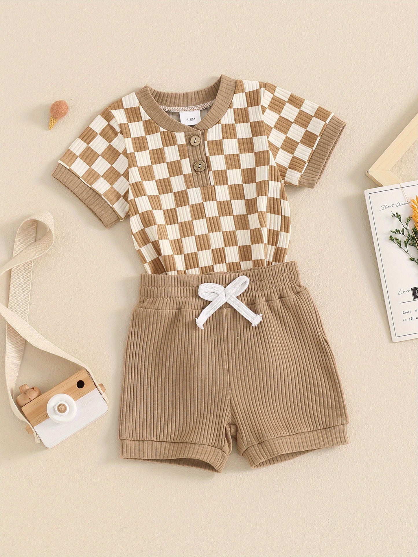 Baby Boys Summer Outfits Checkerboard Buttons Short Sleeve Romper And Shorts 2pcs Clothes Set For Outdoor