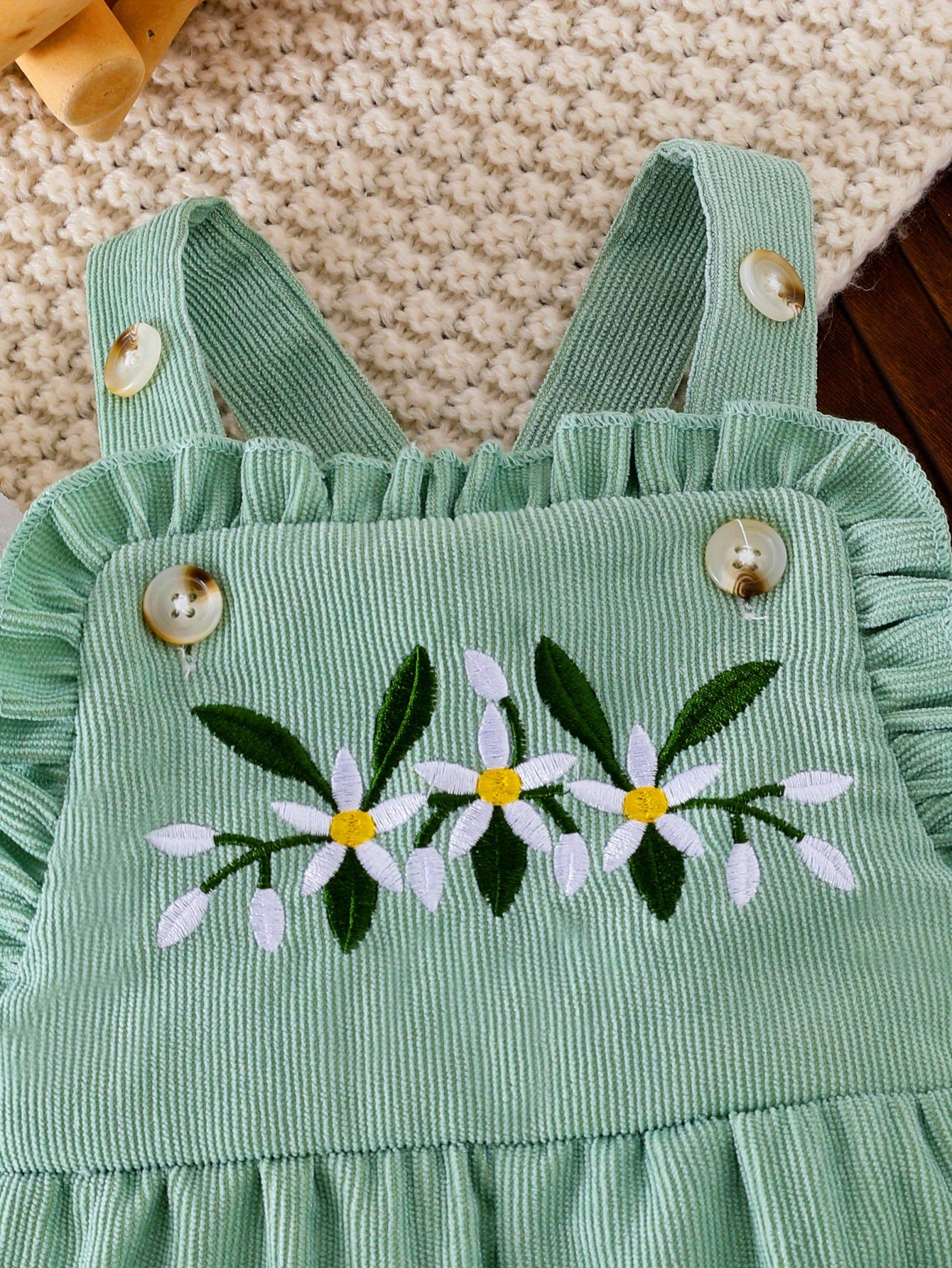 Baby Girl Floral Embroidered Romper Set Mint Green White