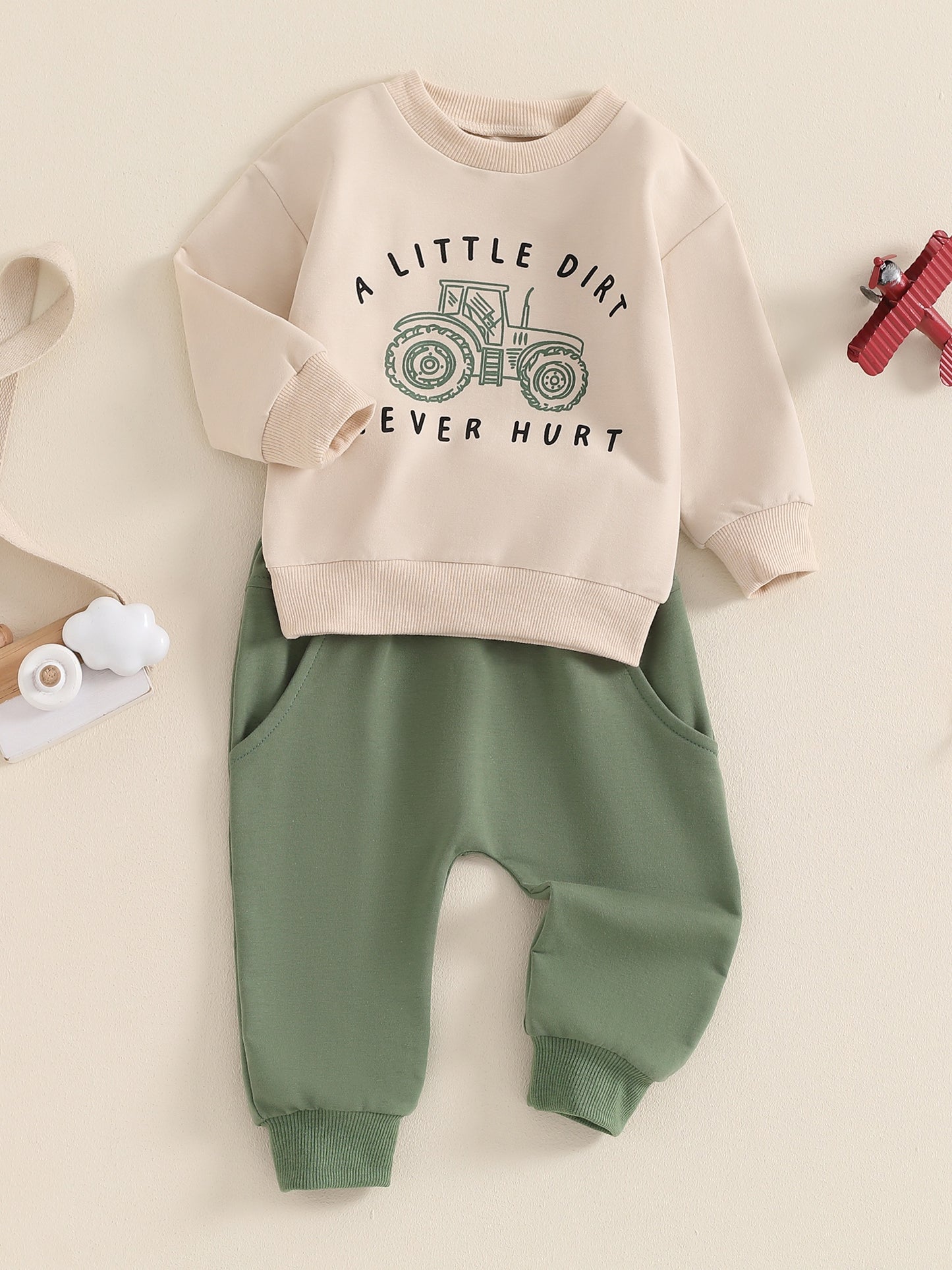 Cotton Blend Boys Outfit Set Tractor Print Sweatshirt Pants