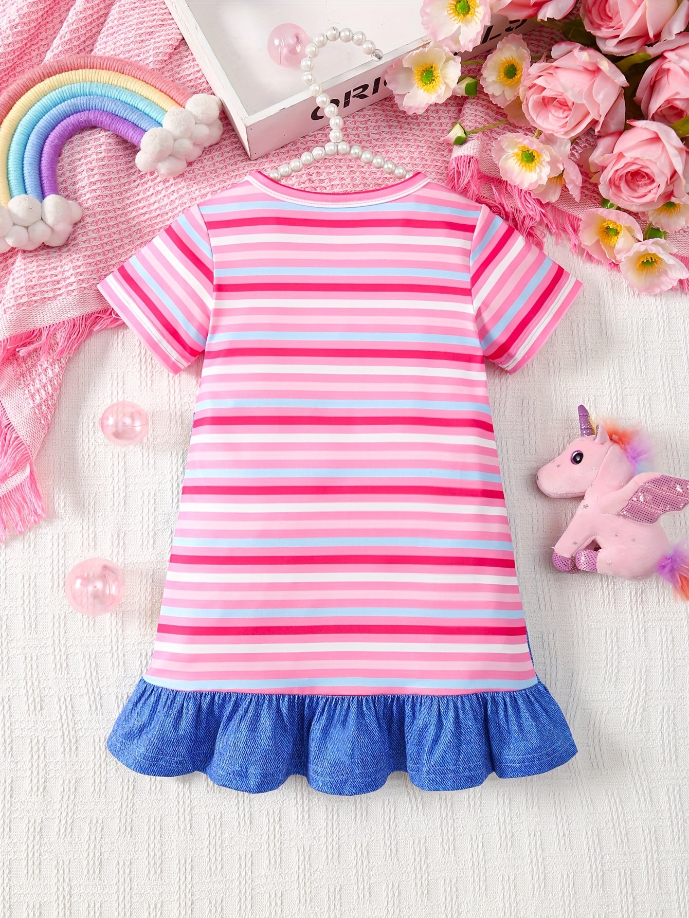 Baby Girl Summer Casual Dress Adorable Unicorn and Heart Print Striped Sleeves Imitation Denim Shoulder Straps Flared Ruffled Hem Machine Washable Lightweight Playwear