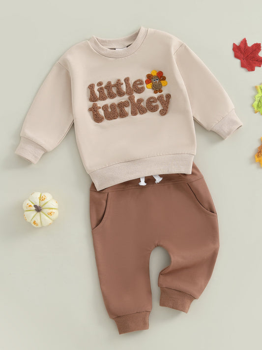 2pcs Toddler Boy Thanksgiving Outfit Set - "Little Turkey" Embroidered Long Sleeve Pullover & Elastic Waist Pants, Casual Crew Neck, Regular Fit, Spring/Fall Collection, Perfect for Thanksgiving, Thanksgiving Outfit | Playful